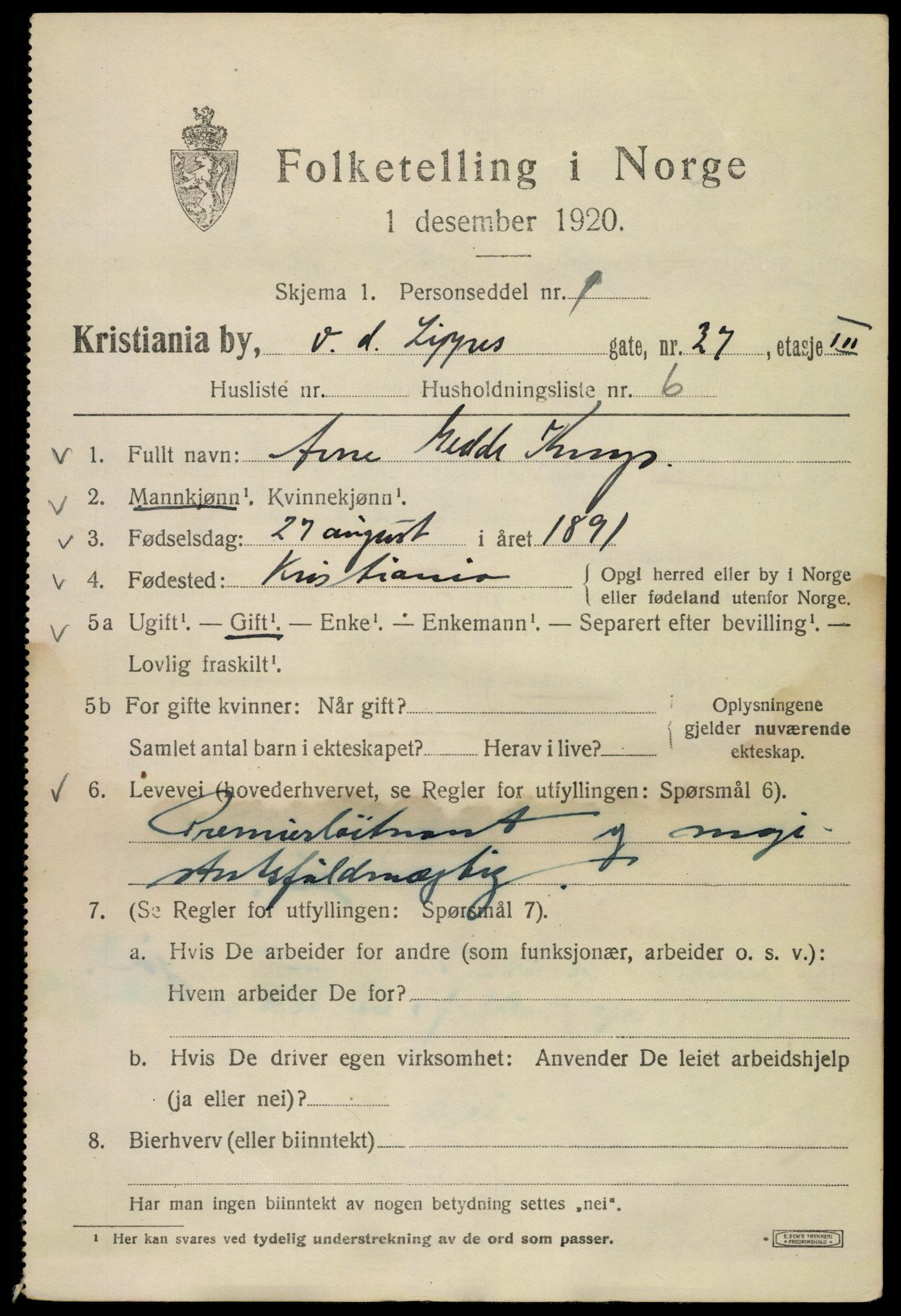 SAO, 1920 census for Kristiania, 1920, p. 644057