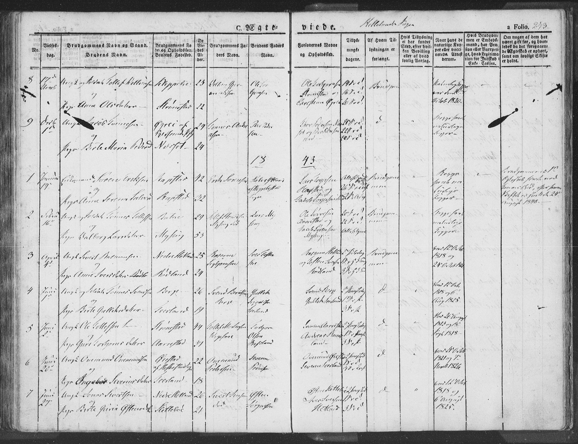 Helleland sokneprestkontor, AV/SAST-A-101810: Parish register (official) no. A 6.1, 1834-1863, p. 243