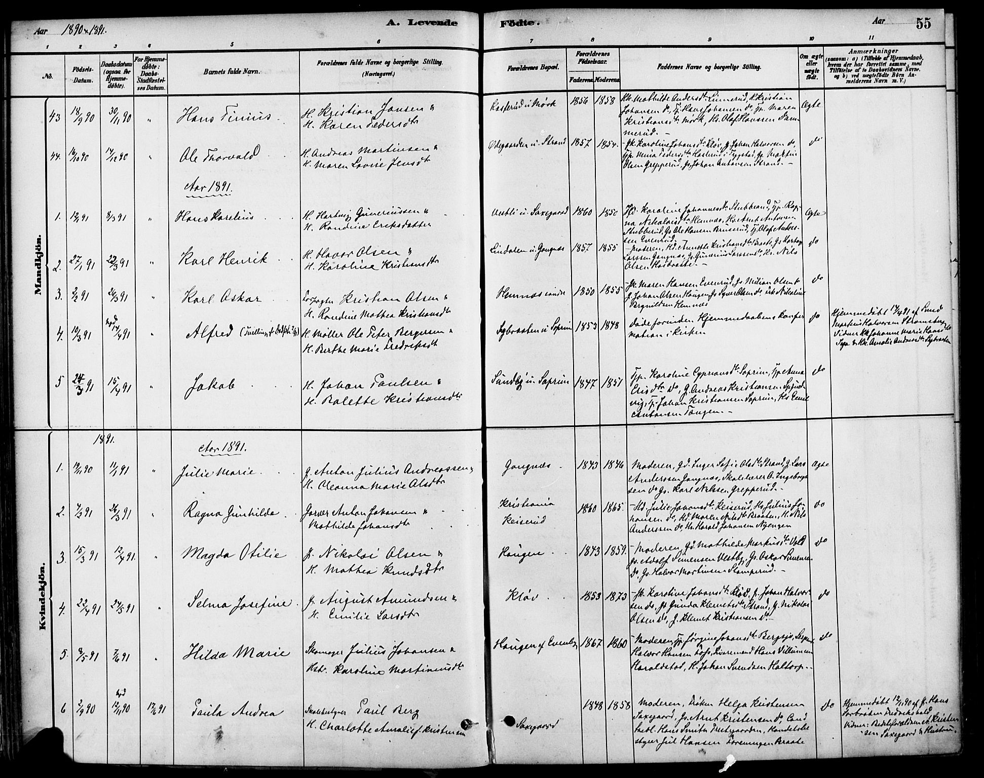 Høland prestekontor Kirkebøker, AV/SAO-A-10346a/F/Fb/L0001: Parish register (official) no. II 1, 1880-1897, p. 55