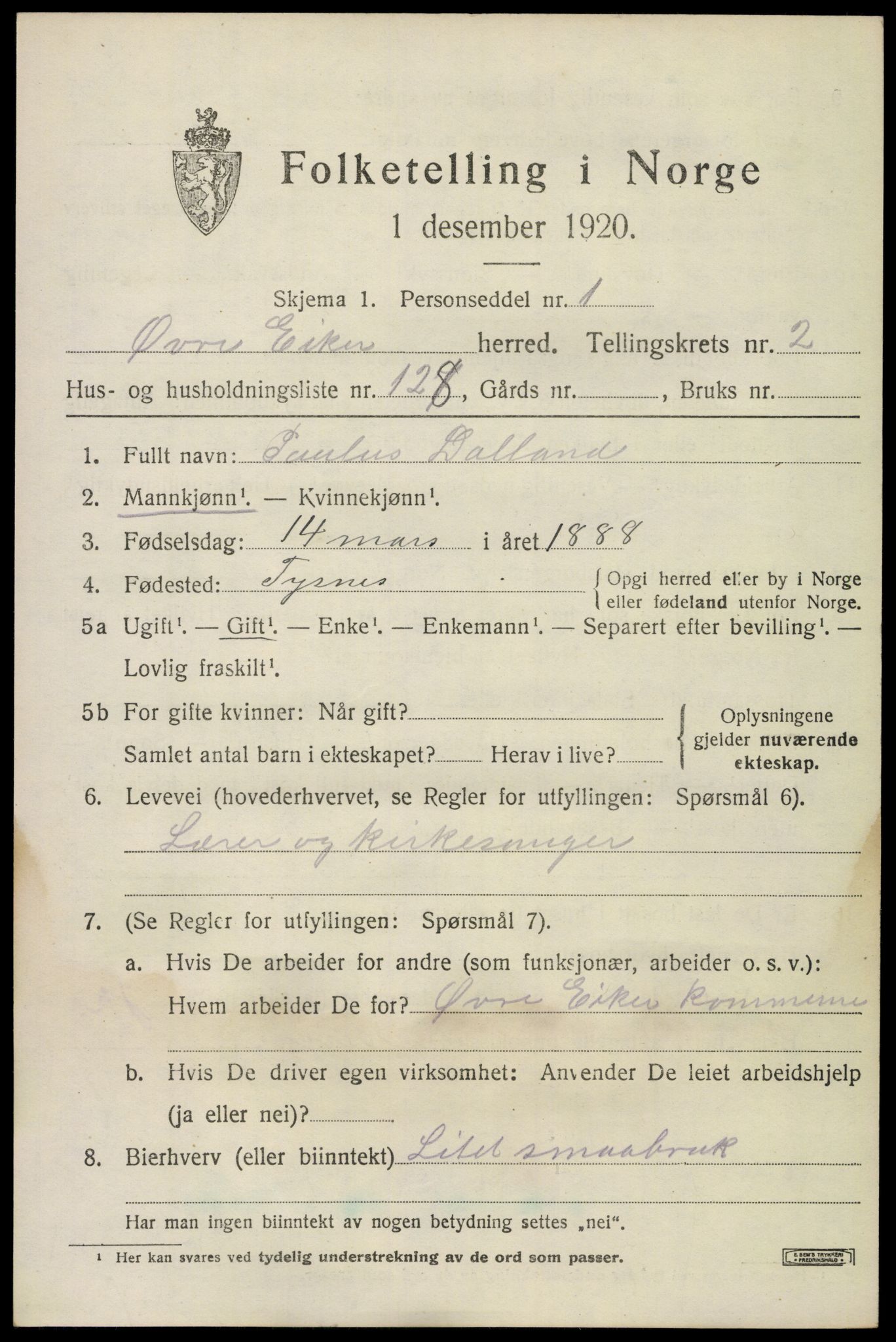 SAKO, 1920 census for Øvre Eiker, 1920, p. 8088