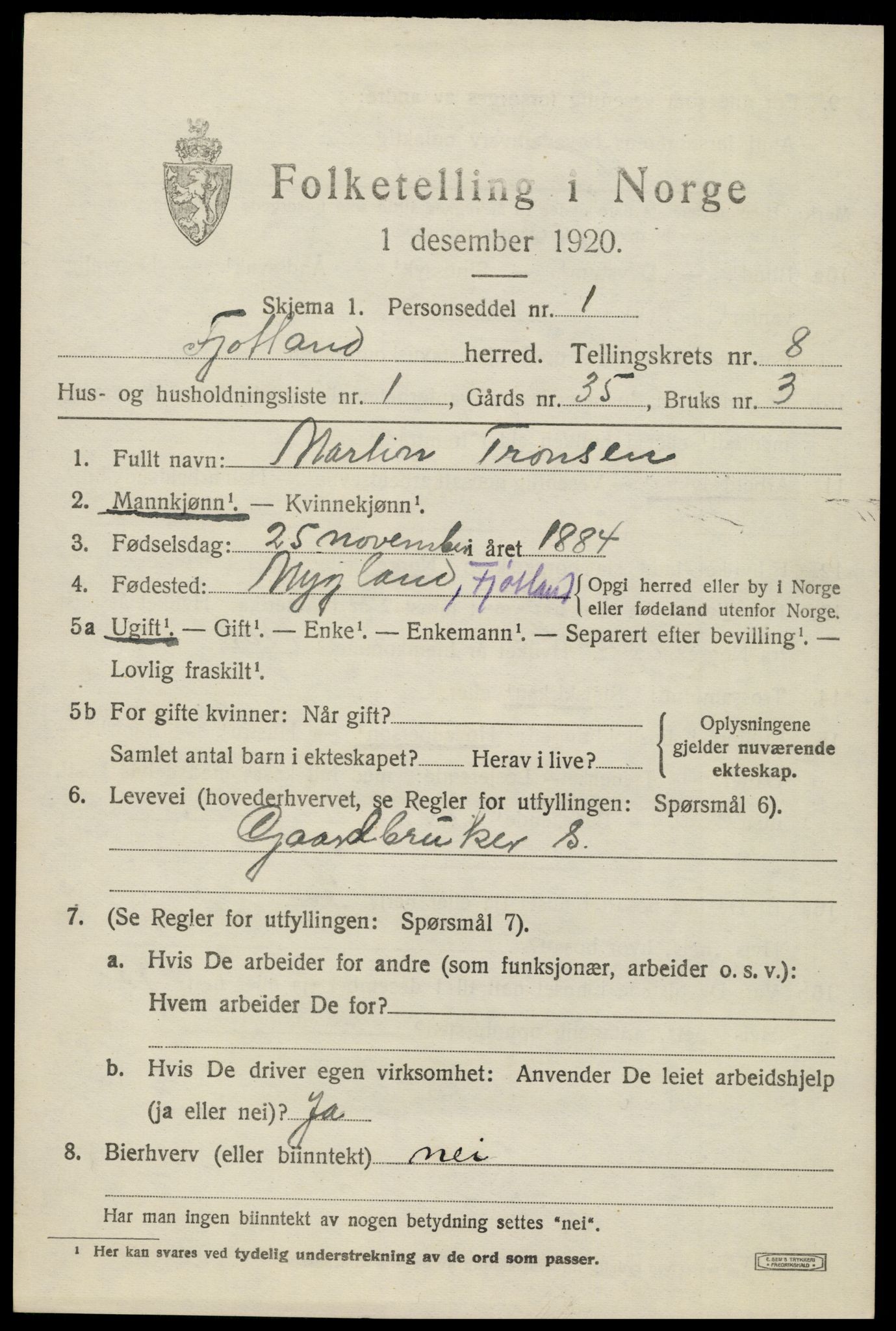 SAK, 1920 census for Fjotland, 1920, p. 2000