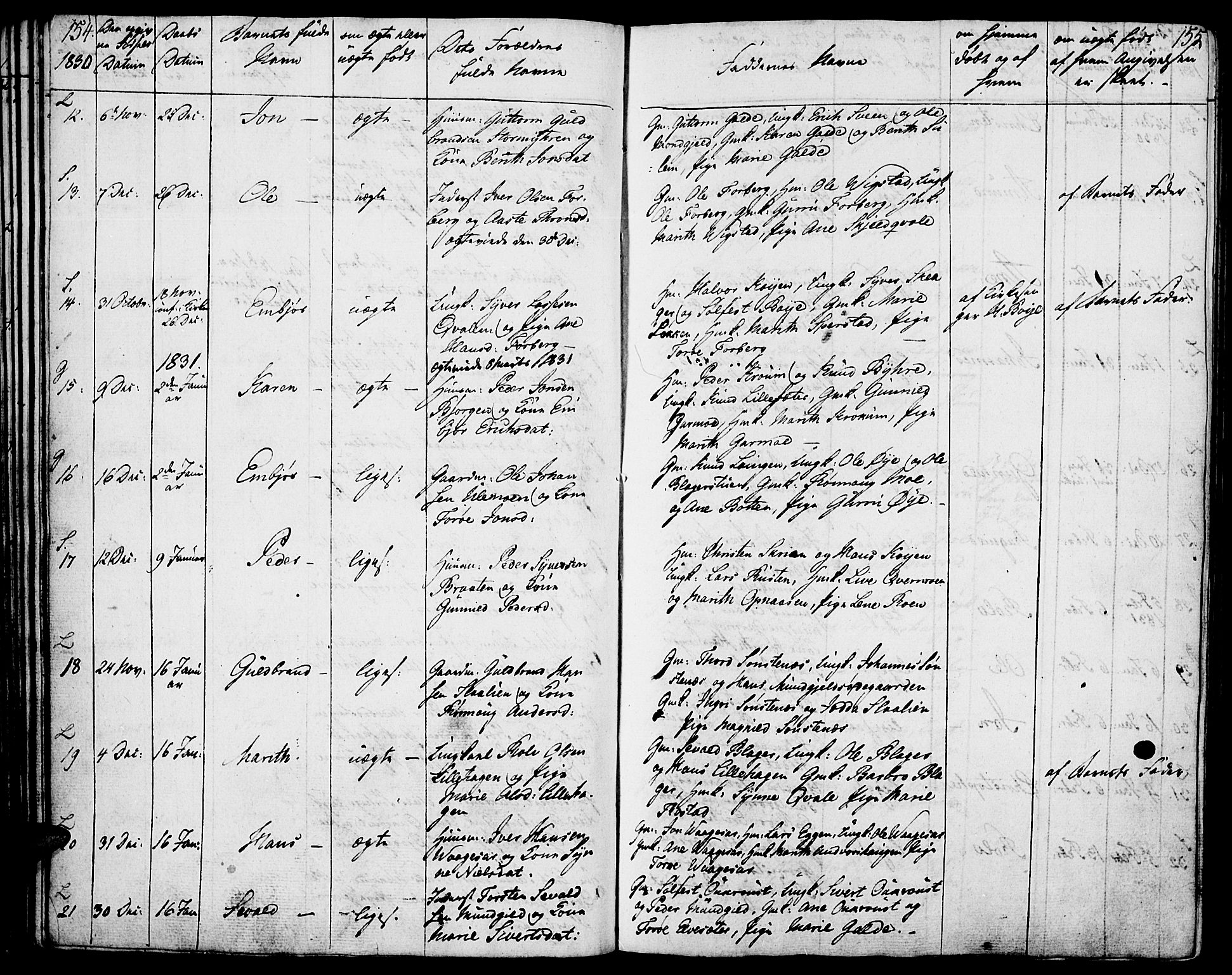 Lom prestekontor, SAH/PREST-070/K/L0005: Parish register (official) no. 5, 1825-1837, p. 154-155