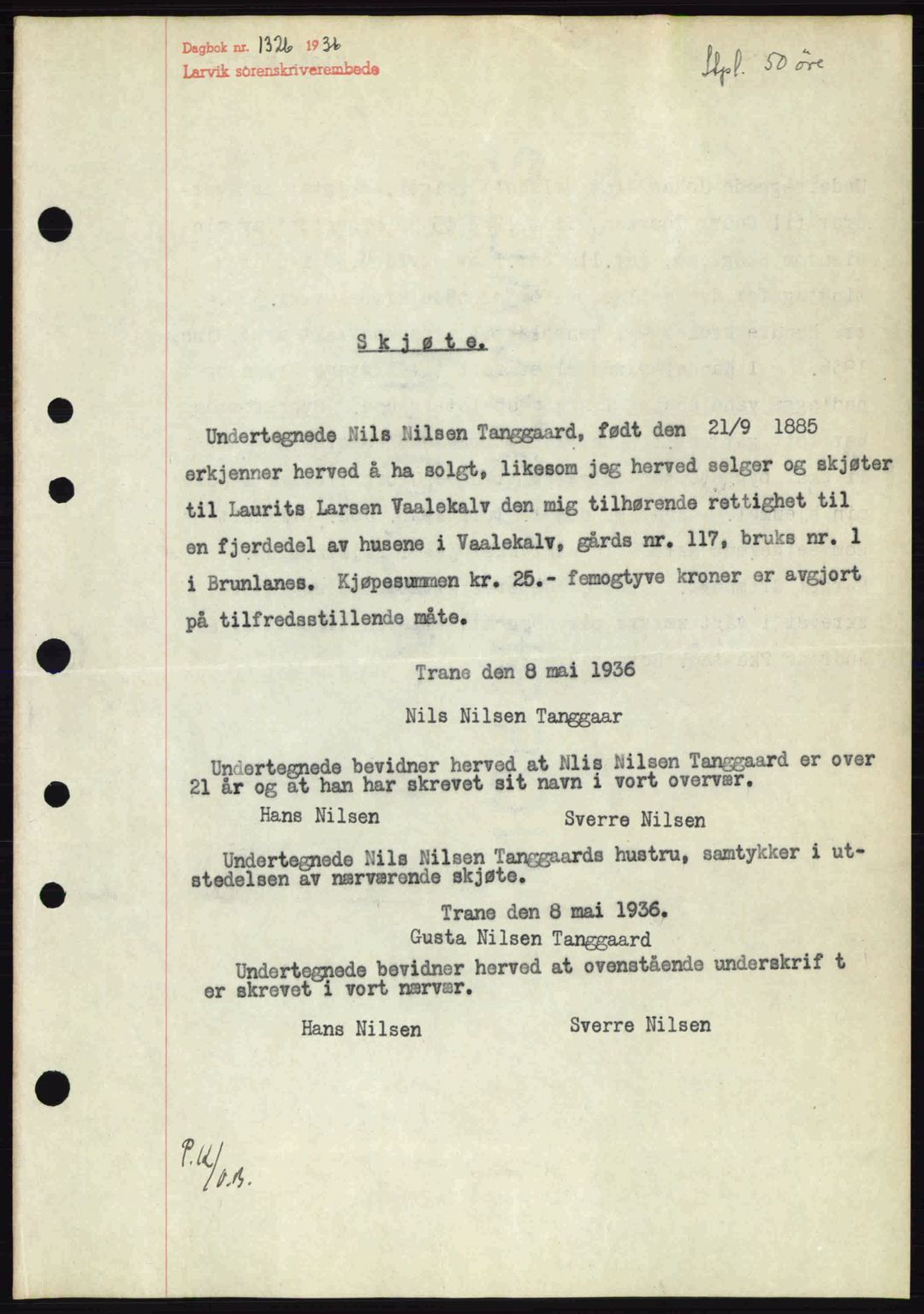 Larvik sorenskriveri, SAKO/A-83/G/Ga/Gab/L0067: Mortgage book no. A-1, 1936-1937, Diary no: : 1326/1936