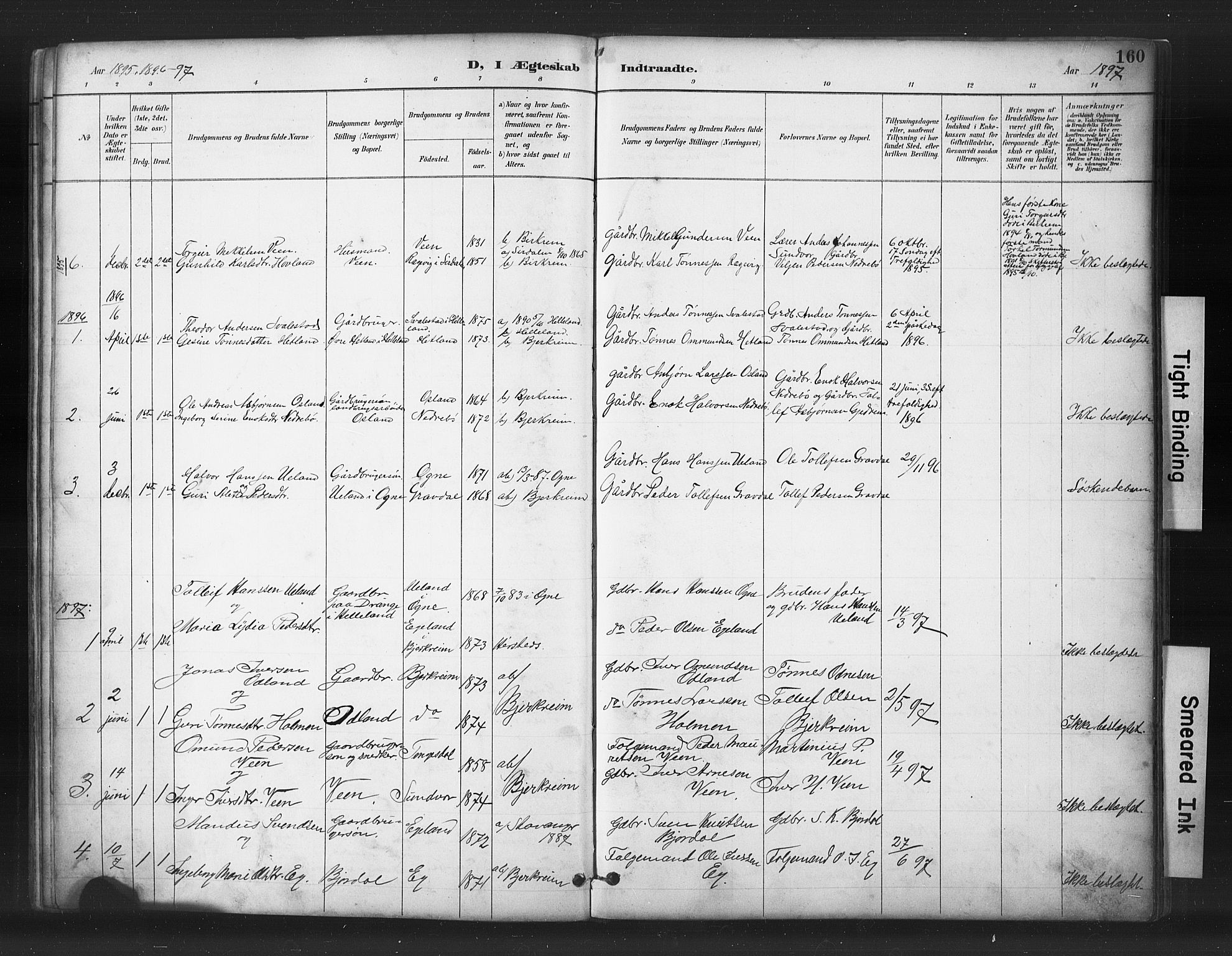 Helleland sokneprestkontor, AV/SAST-A-101810: Parish register (copy) no. B 5, 1887-1908, p. 160