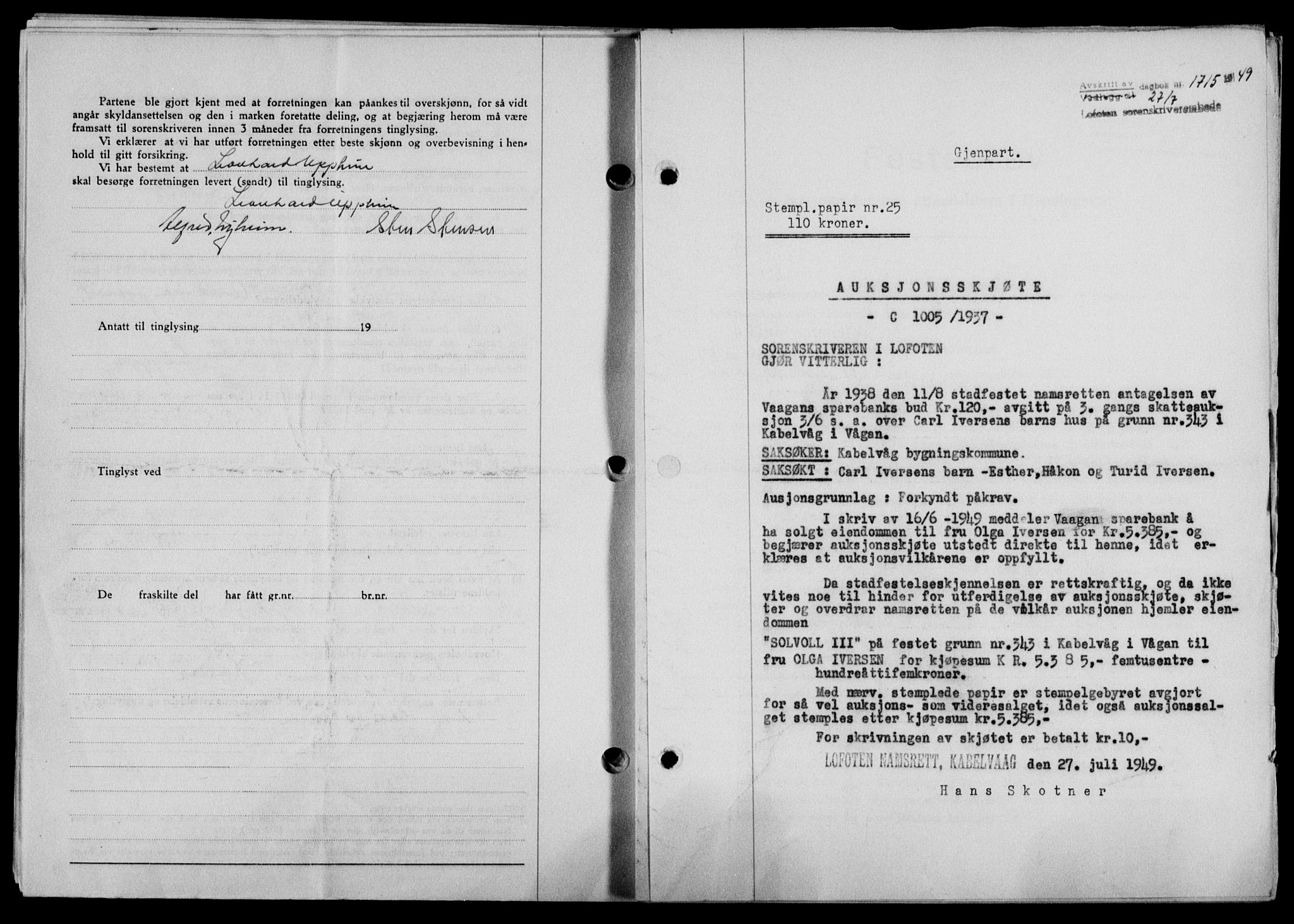 Lofoten sorenskriveri, SAT/A-0017/1/2/2C/L0021a: Mortgage book no. 21a, 1949-1949, Diary no: : 1715/1949