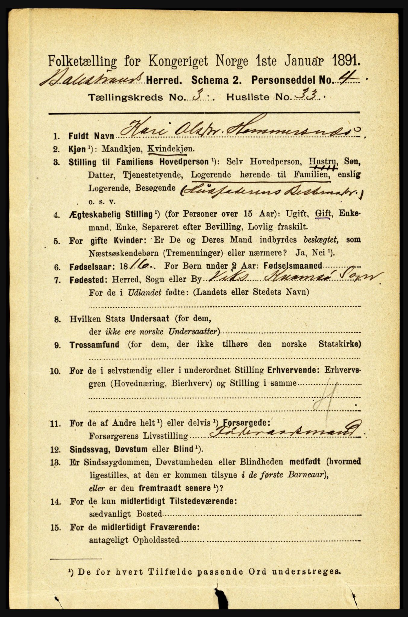 RA, 1891 census for 1418 Balestrand, 1891, p. 799