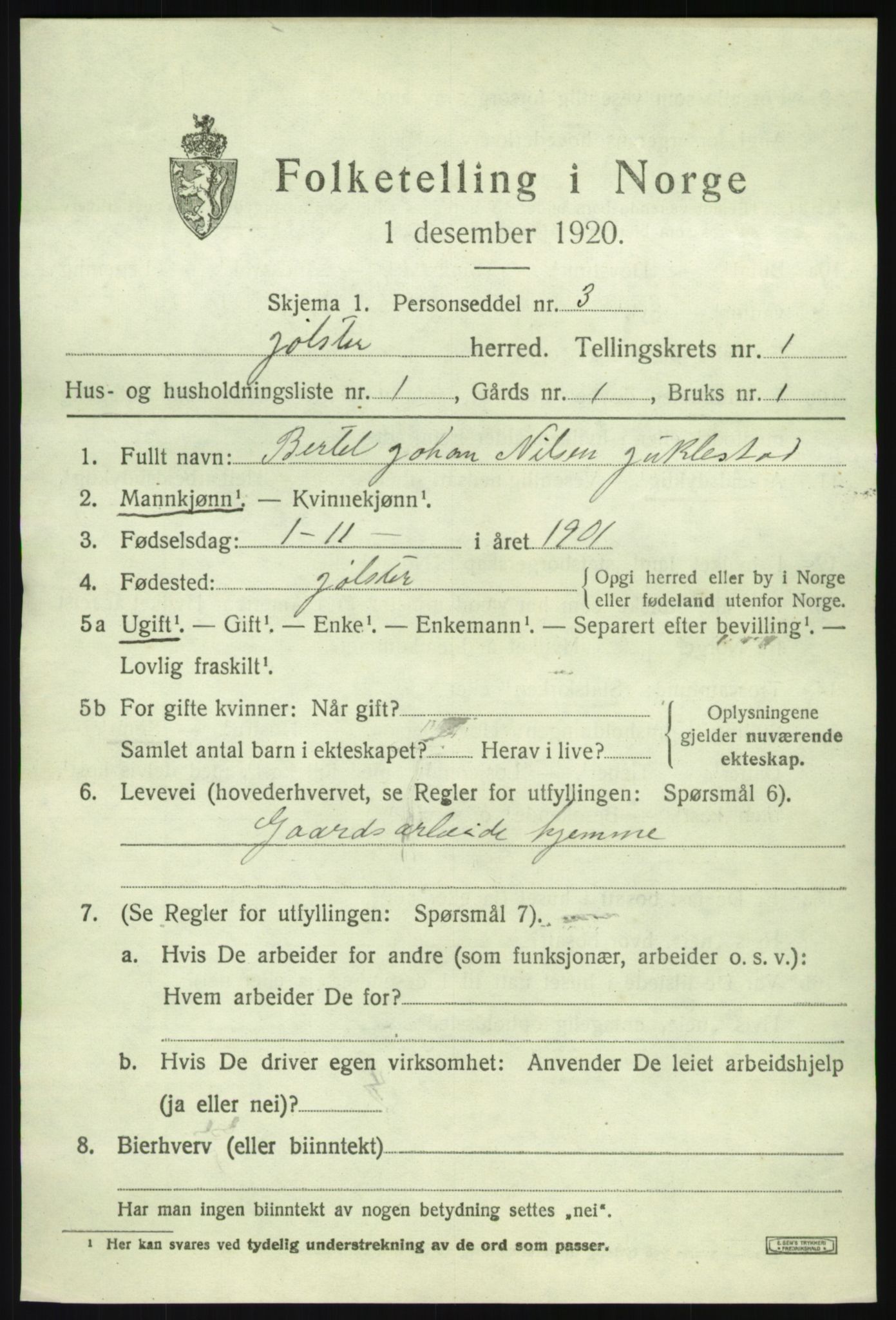 SAB, 1920 census for Jølster, 1920, p. 998