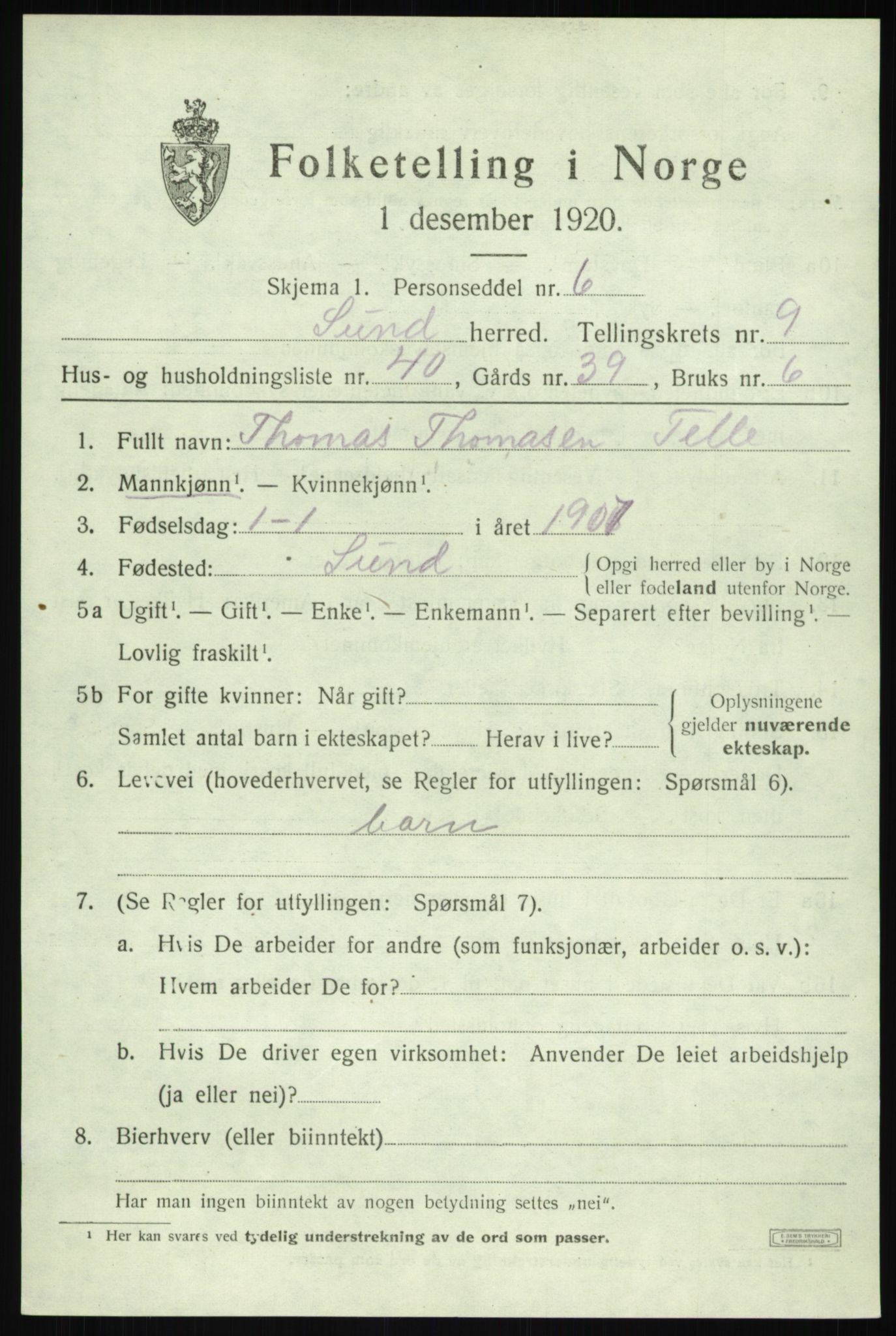 SAB, 1920 census for Sund, 1920, p. 5805