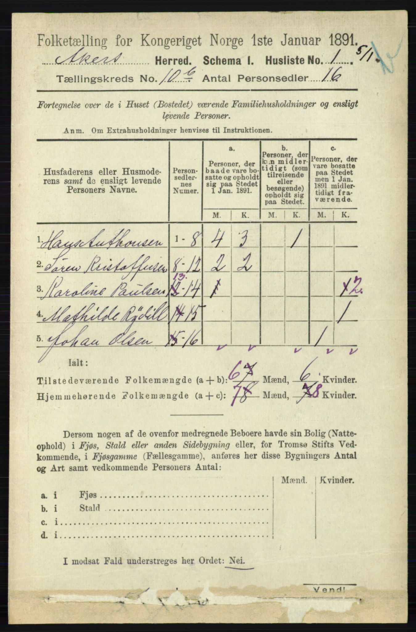 RA, 1891 census for 0218 Aker, 1891, p. 9553