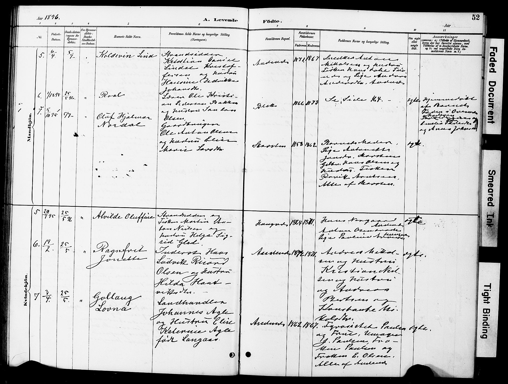 Ministerialprotokoller, klokkerbøker og fødselsregistre - Nordland, AV/SAT-A-1459/899/L1448: Parish register (copy) no. 899C03, 1887-1902, p. 52