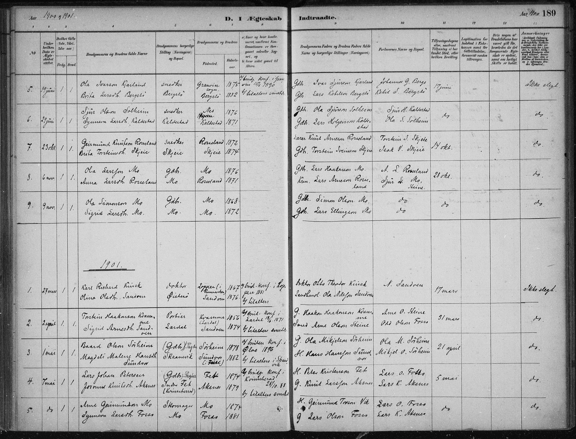 Kvam sokneprestembete, SAB/A-76201/H/Haa: Parish register (official) no. B  1, 1880-1908, p. 189