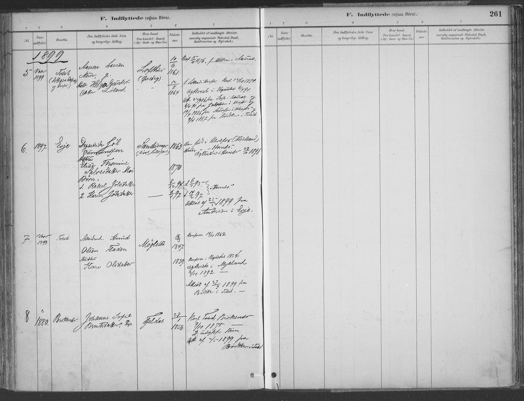 Vestre Moland sokneprestkontor, SAK/1111-0046/F/Fa/Fab/L0009: Parish register (official) no. A 9, 1884-1899, p. 261