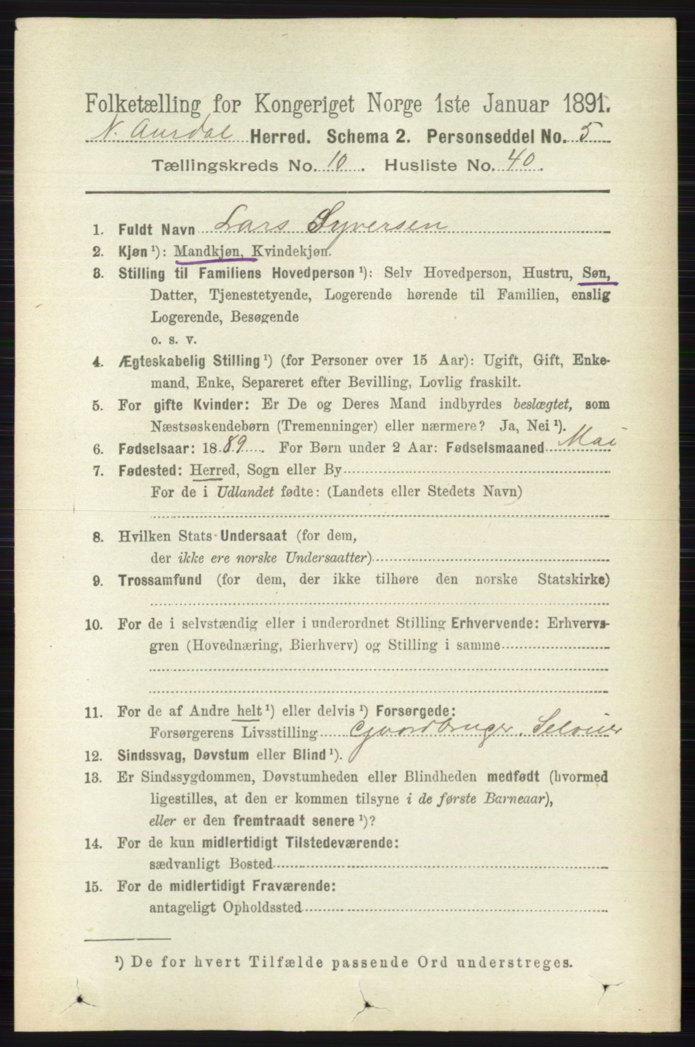 RA, 1891 census for 0542 Nord-Aurdal, 1891, p. 4014