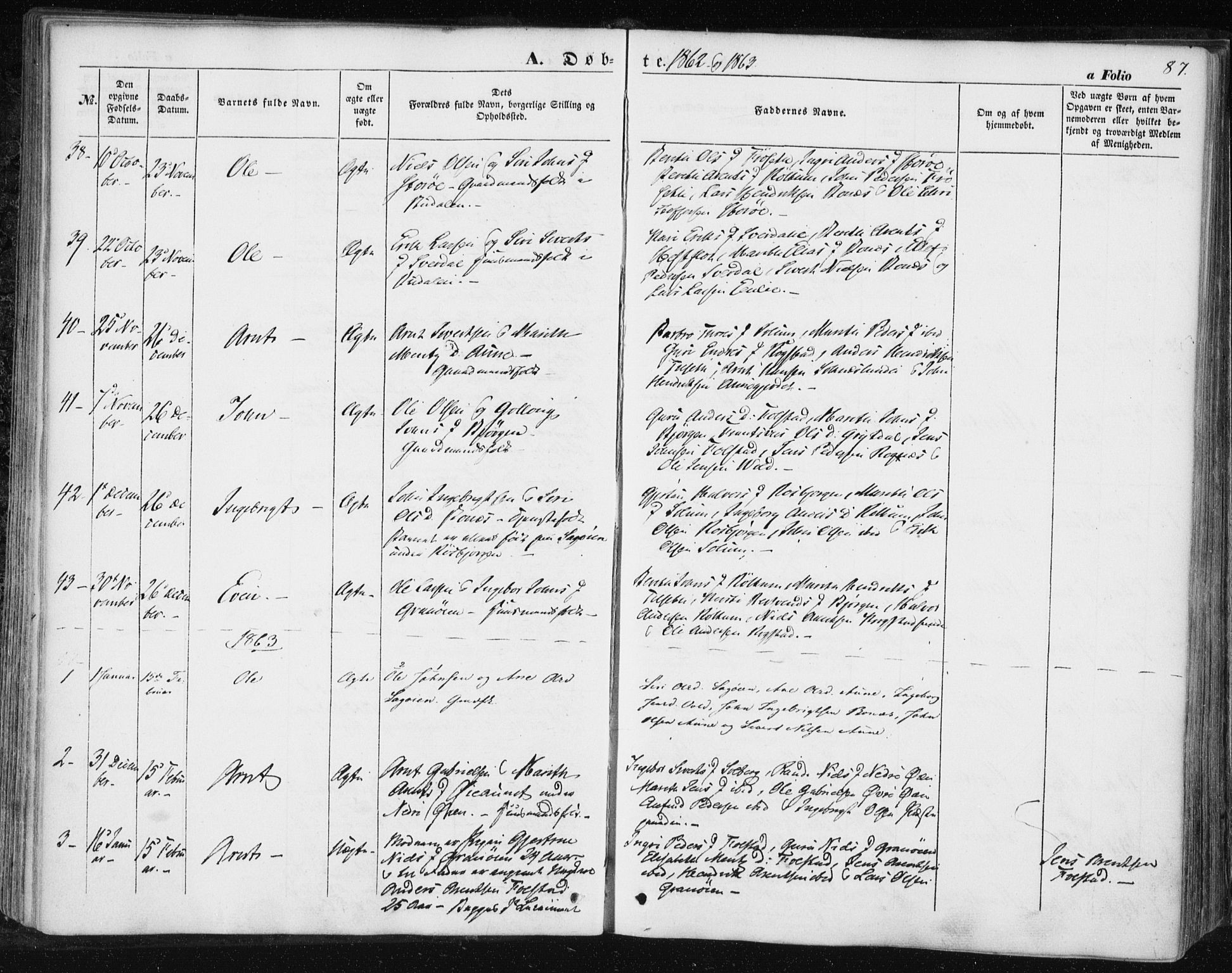 Ministerialprotokoller, klokkerbøker og fødselsregistre - Sør-Trøndelag, AV/SAT-A-1456/687/L1000: Parish register (official) no. 687A06, 1848-1869, p. 87