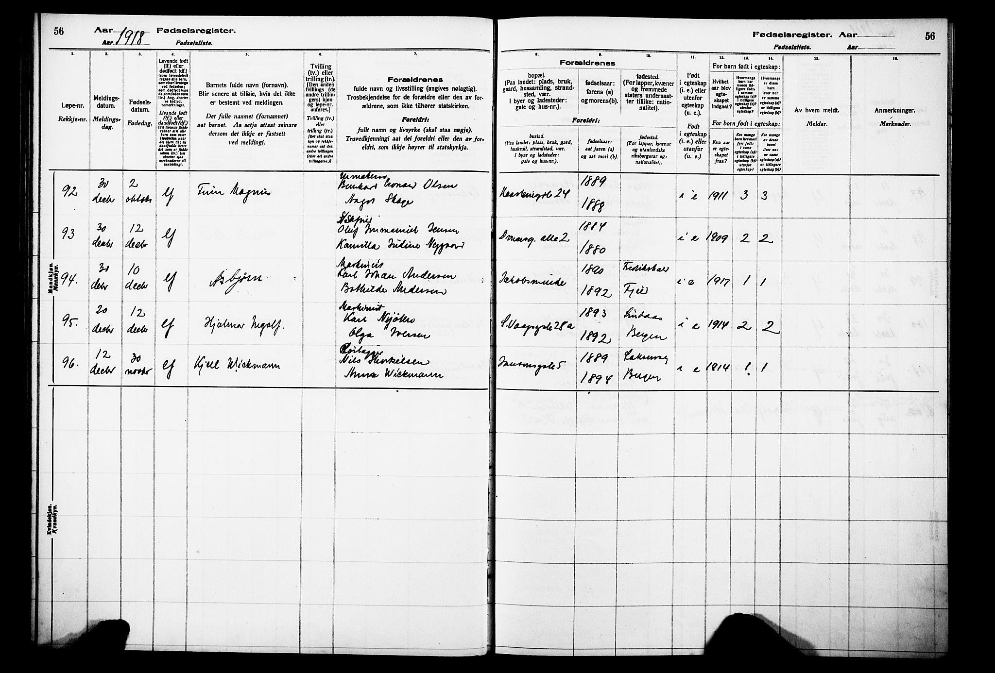 Laksevåg Sokneprestembete, AV/SAB-A-76501/I/Id/L00A1: Birth register no. A 1, 1916-1926, p. 56