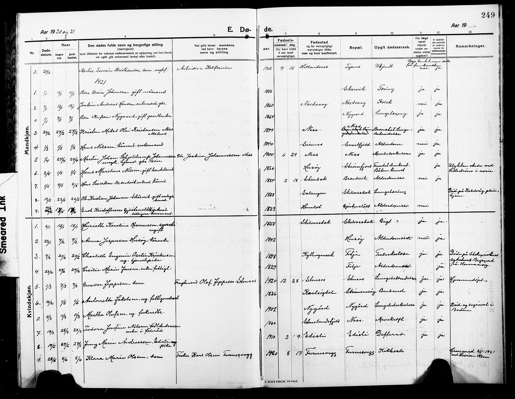 Ministerialprotokoller, klokkerbøker og fødselsregistre - Nordland, AV/SAT-A-1459/859/L0861: Parish register (copy) no. 859C07, 1910-1925, p. 249