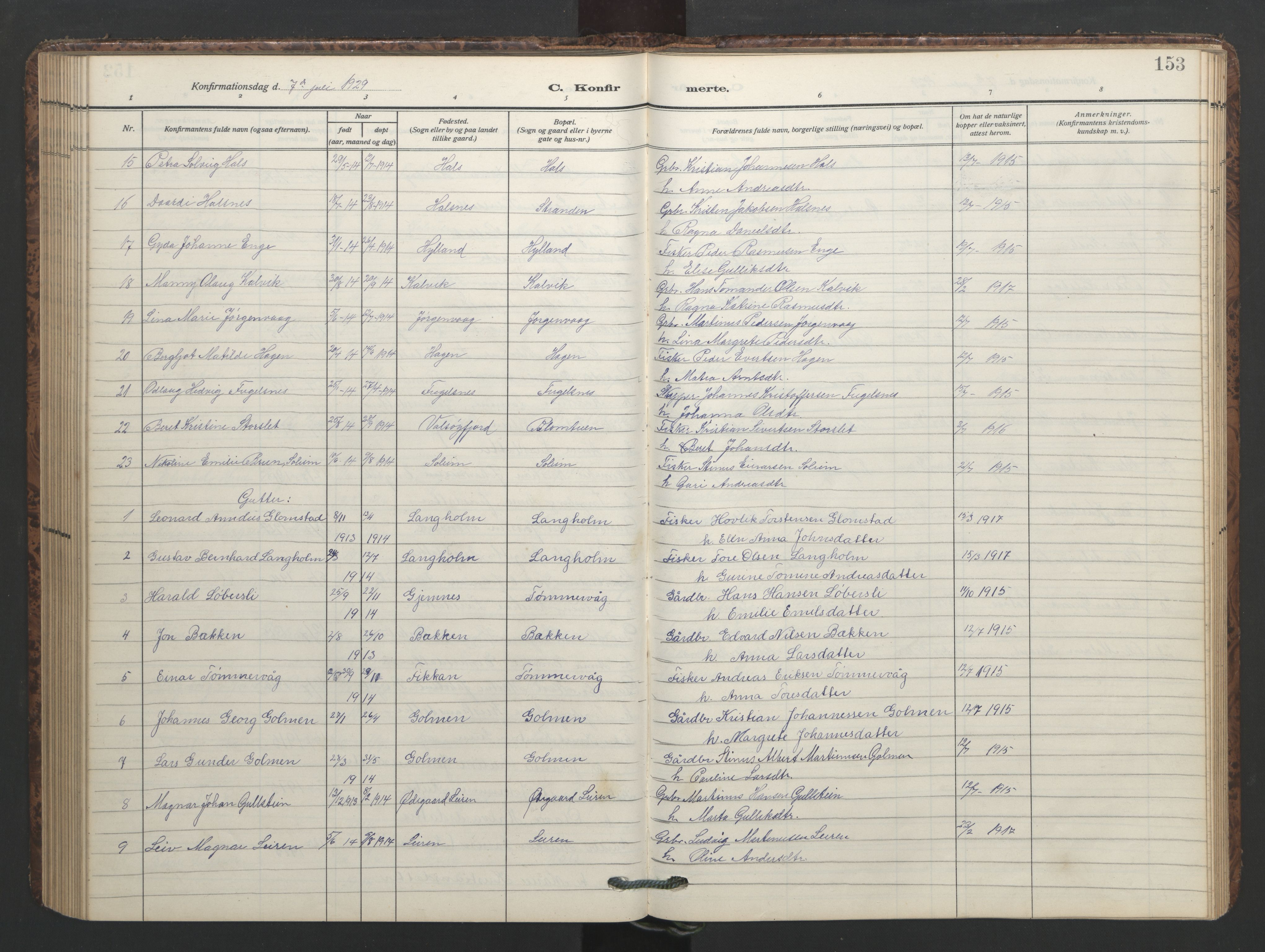 Ministerialprotokoller, klokkerbøker og fødselsregistre - Møre og Romsdal, AV/SAT-A-1454/577/L0897: Parish register (copy) no. 577C01, 1909-1946, p. 153