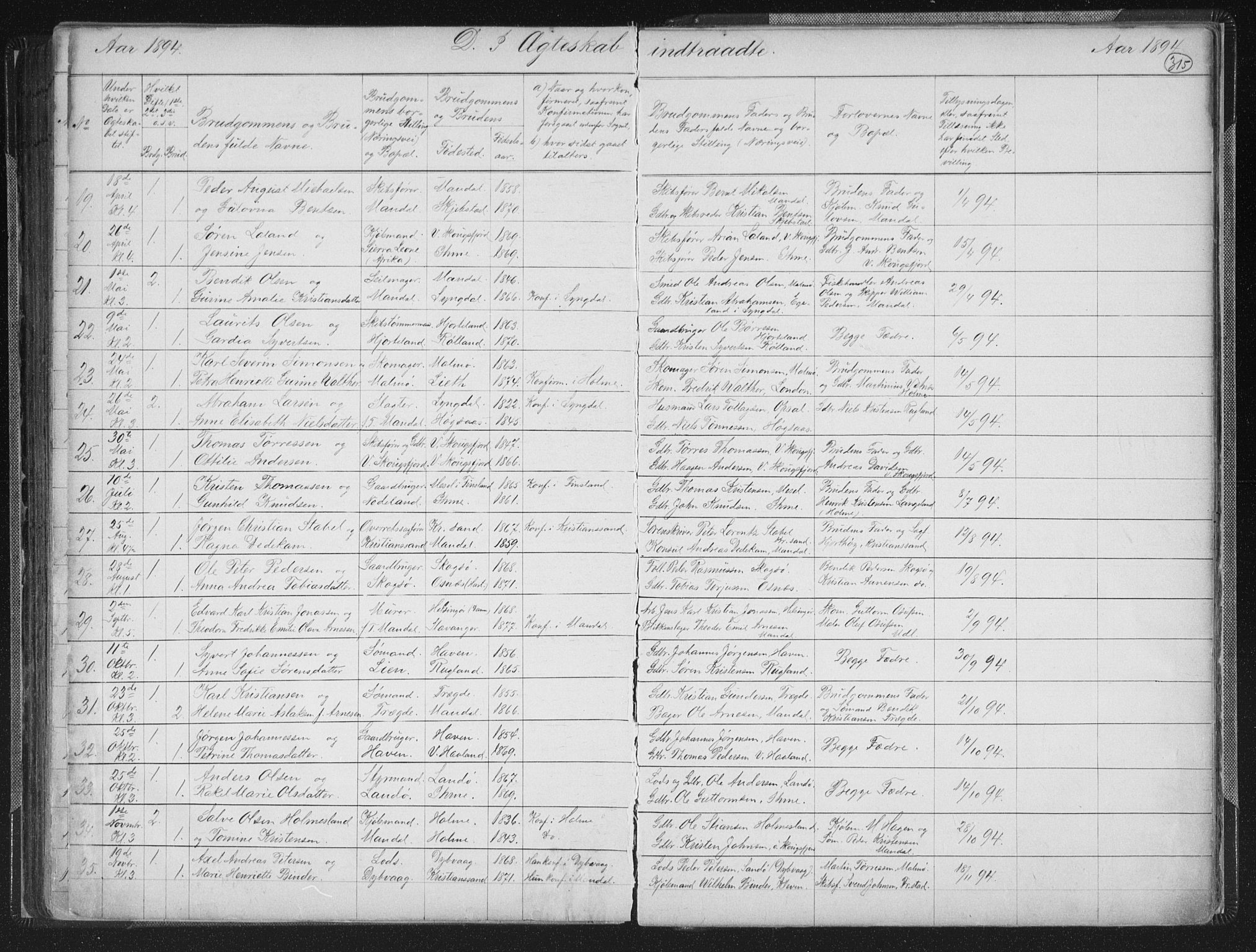 Mandal sokneprestkontor, AV/SAK-1111-0030/F/Fb/Fba/L0011: Parish register (copy) no. B 5, 1880-1898, p. 315