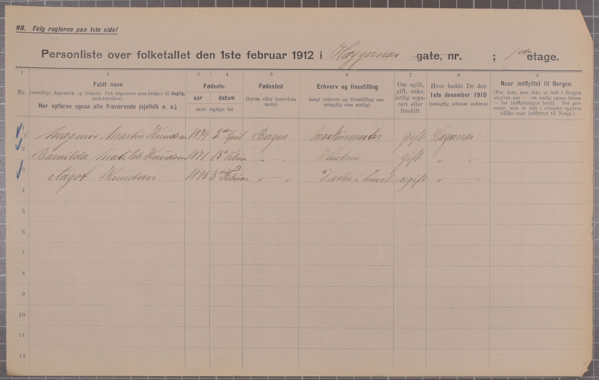 SAB, Municipal Census 1912 for Bergen, 1912, p. 1965