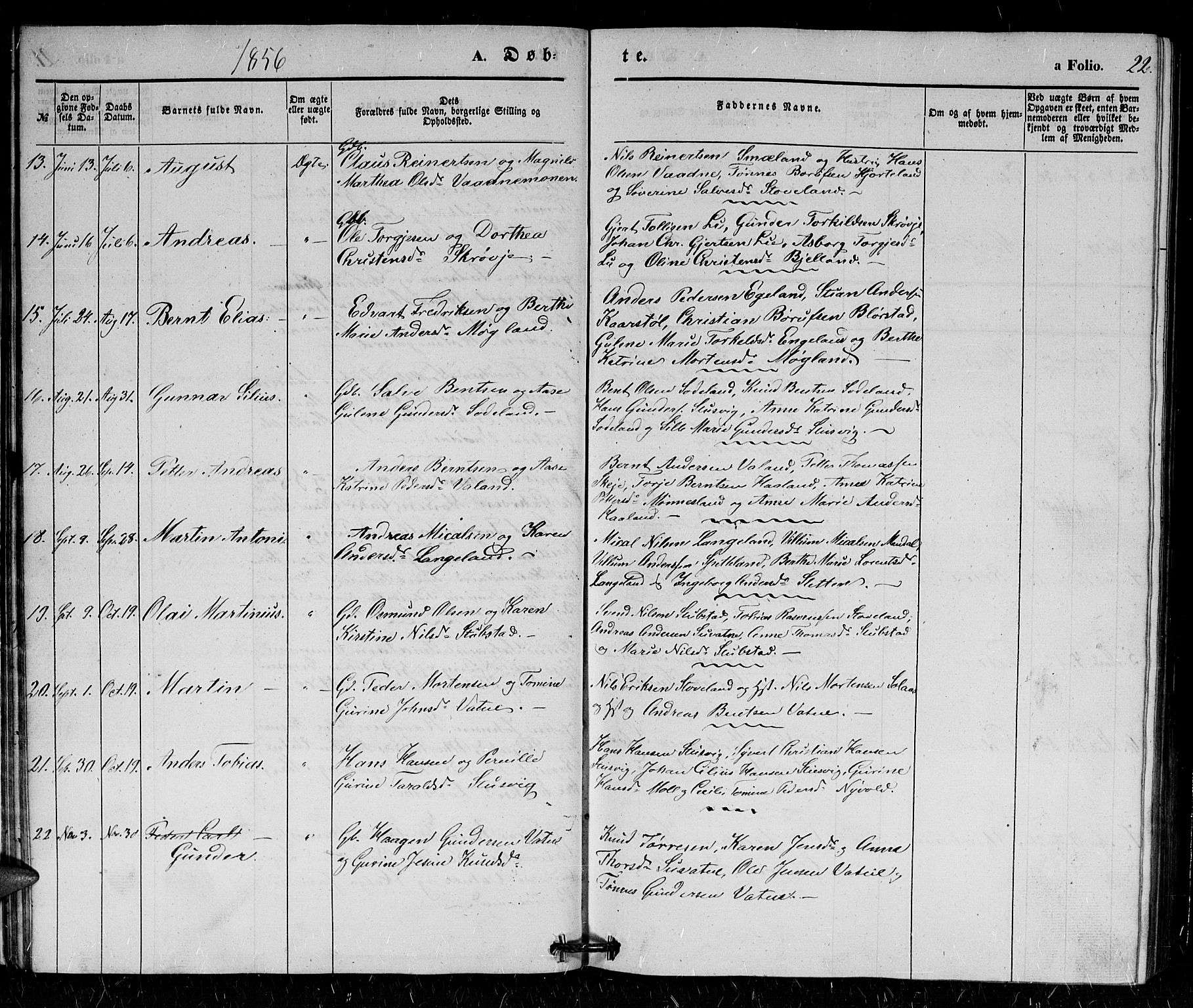 Holum sokneprestkontor, AV/SAK-1111-0022/F/Fb/Fba/L0003: Parish register (copy) no. B 3, 1850-1866, p. 22