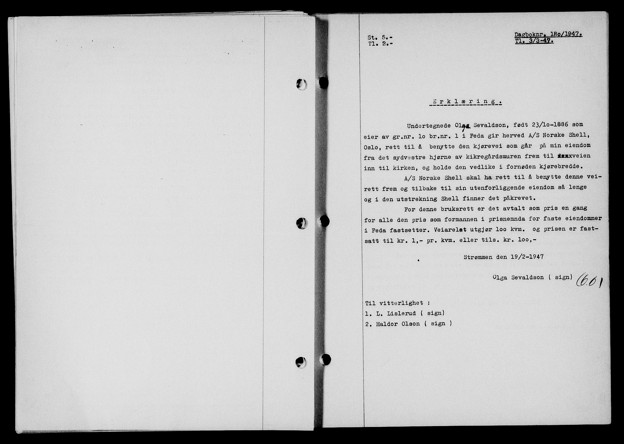 Flekkefjord sorenskriveri, SAK/1221-0001/G/Gb/Gba/L0061: Mortgage book no. A-9, 1946-1947, Diary no: : 180/1947