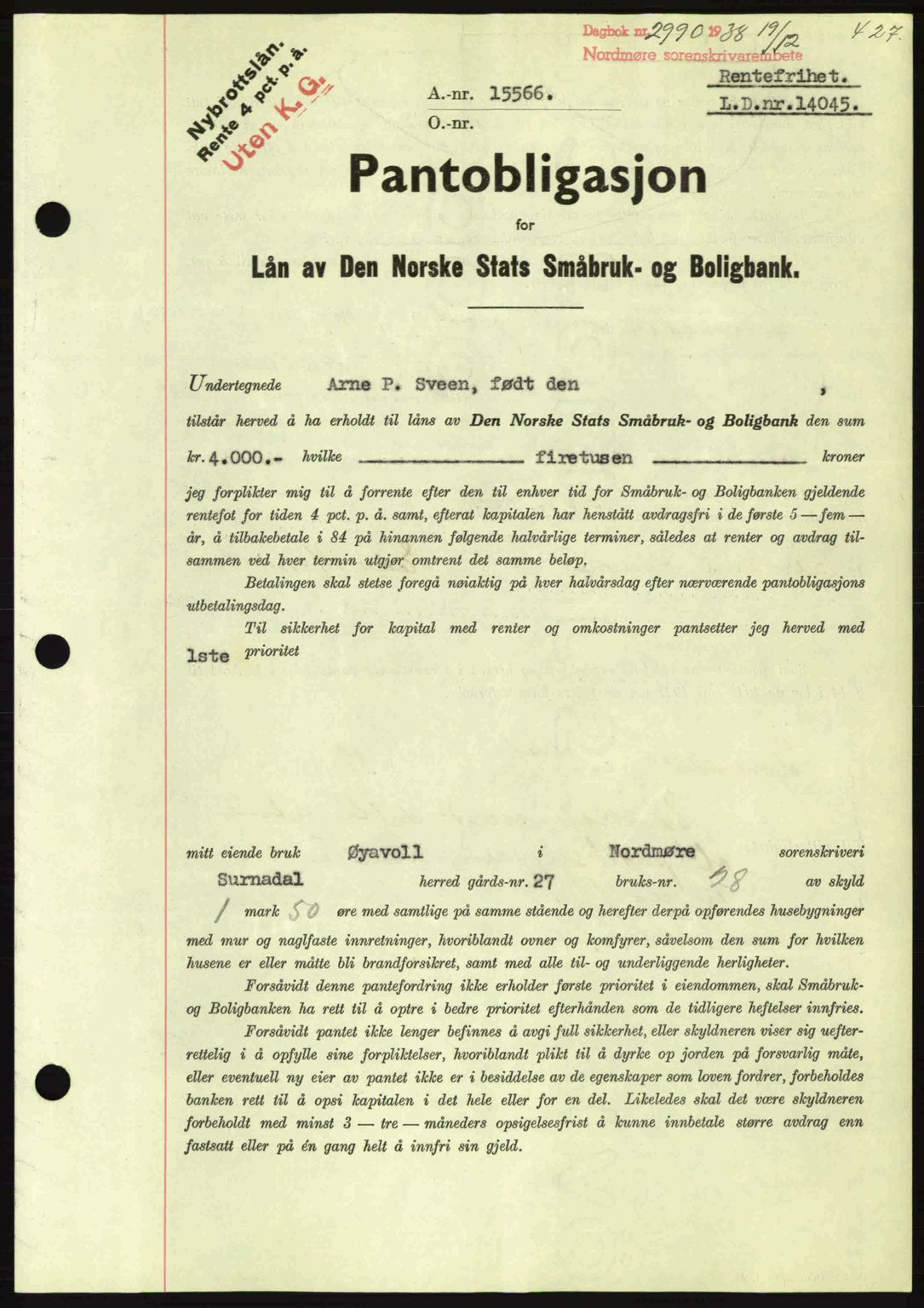 Nordmøre sorenskriveri, SAT/A-4132/1/2/2Ca: Mortgage book no. B84, 1938-1939, Diary no: : 2990/1938