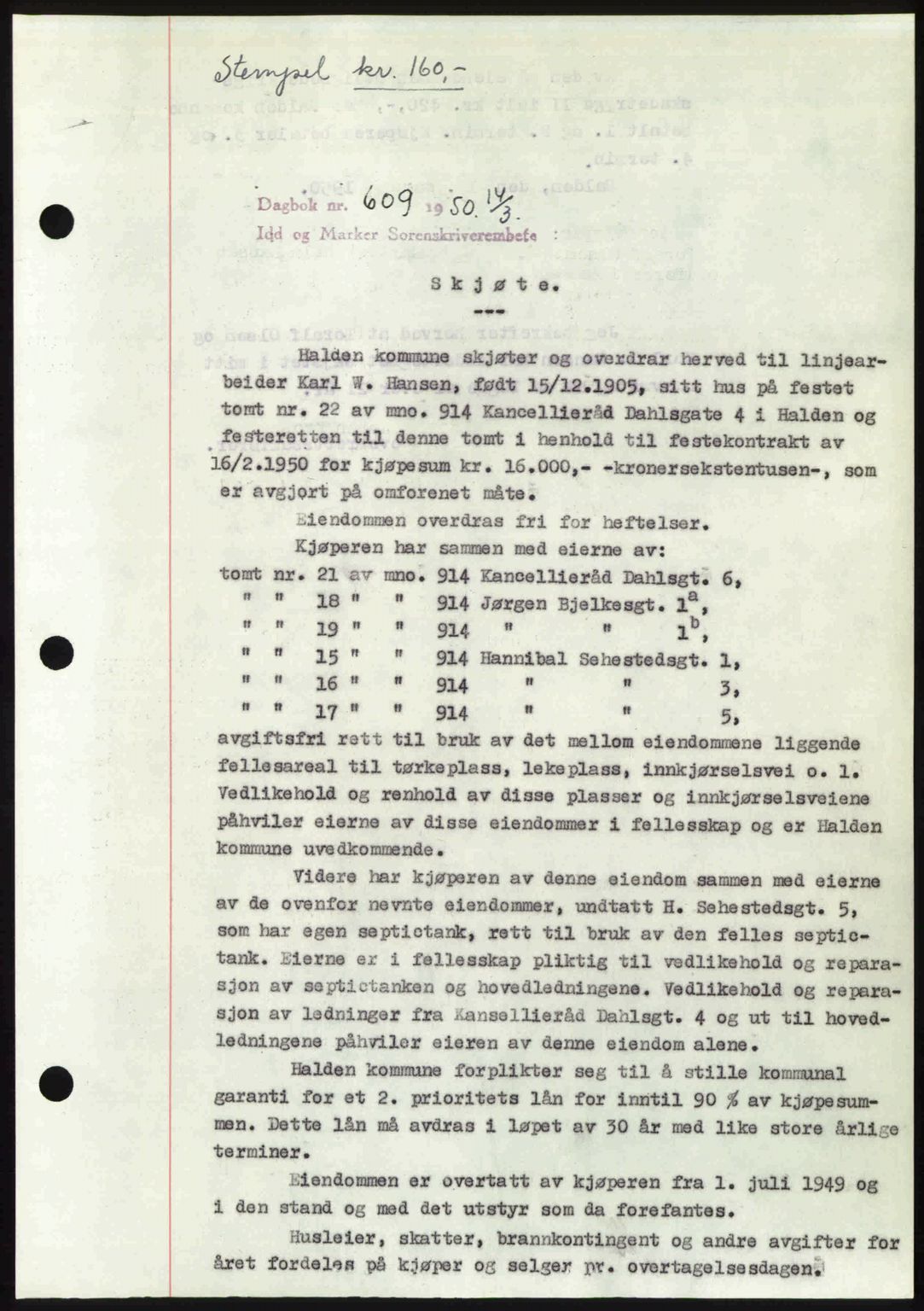 Idd og Marker sorenskriveri, AV/SAO-A-10283/G/Gb/Gbb/L0014: Mortgage book no. A14, 1950-1950, Diary no: : 609/1950