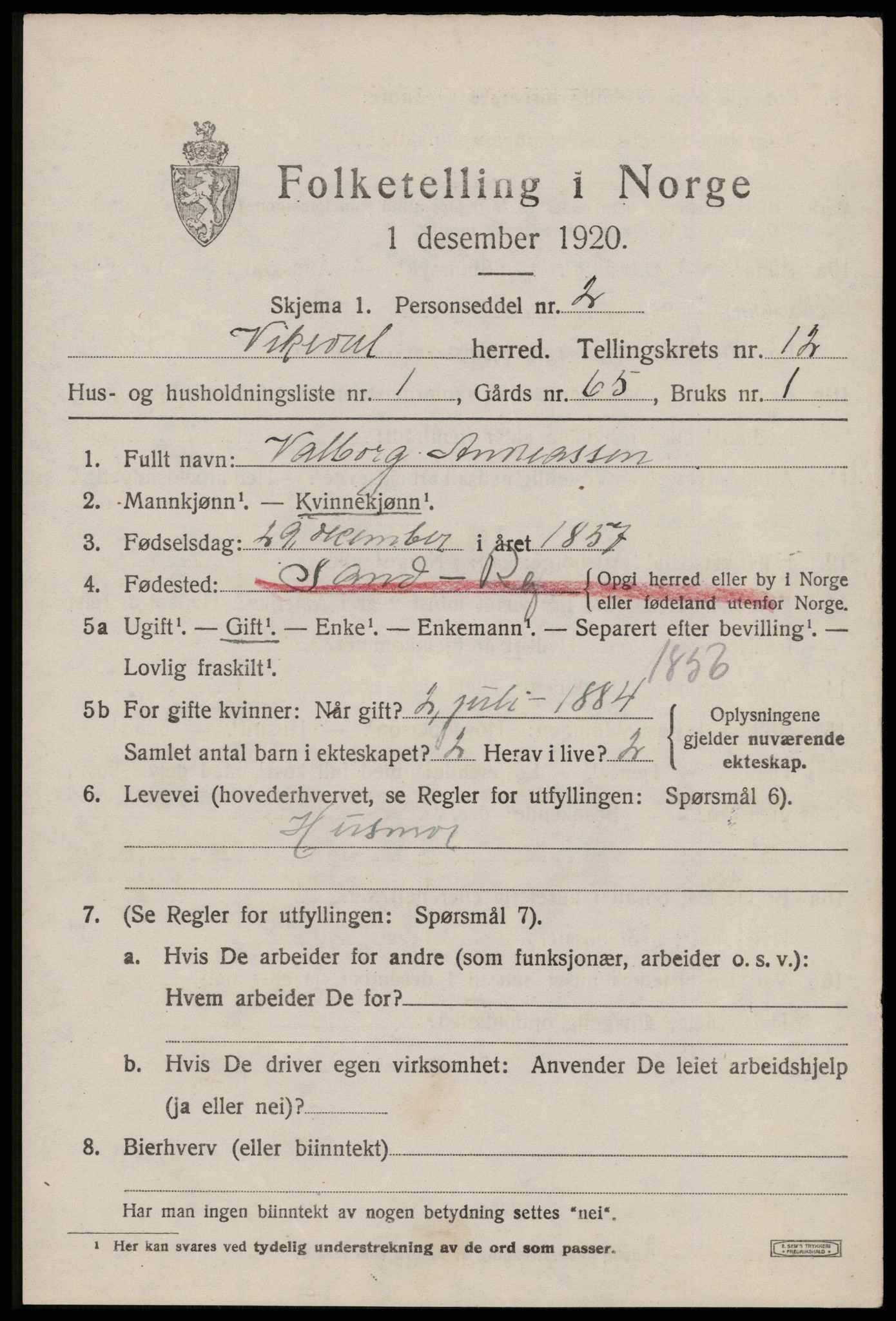 SAST, 1920 census for Vikedal, 1920, p. 3769