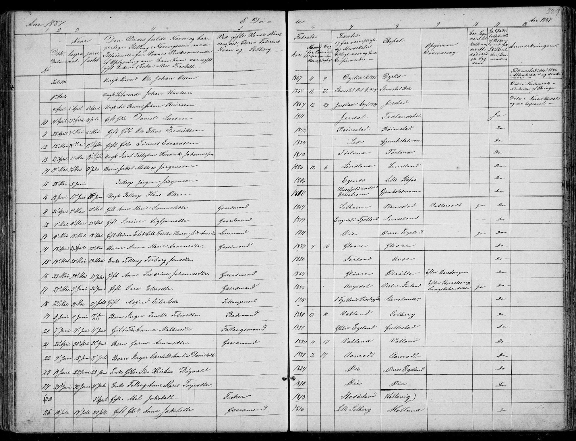 Kvinesdal sokneprestkontor, AV/SAK-1111-0026/F/Fb/Fbb/L0002: Parish register (copy) no. B 2, 1873-1897, p. 229