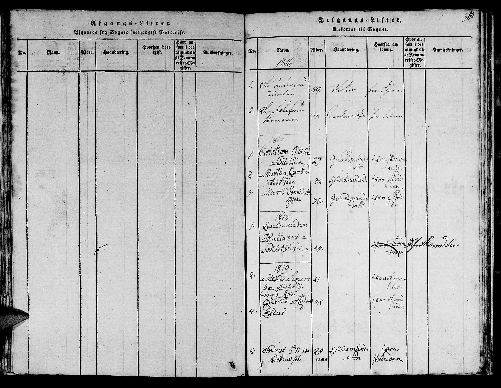Ministerialprotokoller, klokkerbøker og fødselsregistre - Sør-Trøndelag, SAT/A-1456/613/L0393: Parish register (copy) no. 613C01, 1816-1886, p. 309