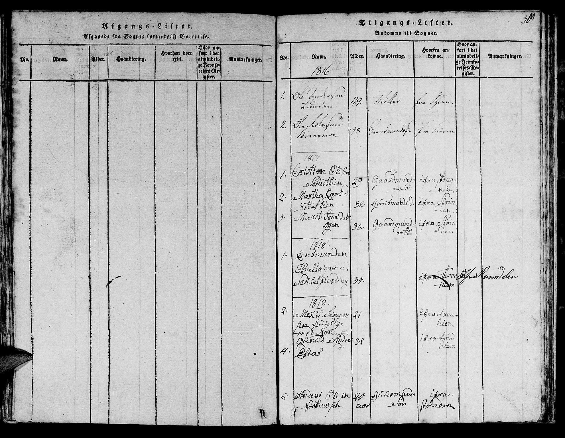 Ministerialprotokoller, klokkerbøker og fødselsregistre - Sør-Trøndelag, AV/SAT-A-1456/613/L0393: Parish register (copy) no. 613C01, 1816-1886, p. 309