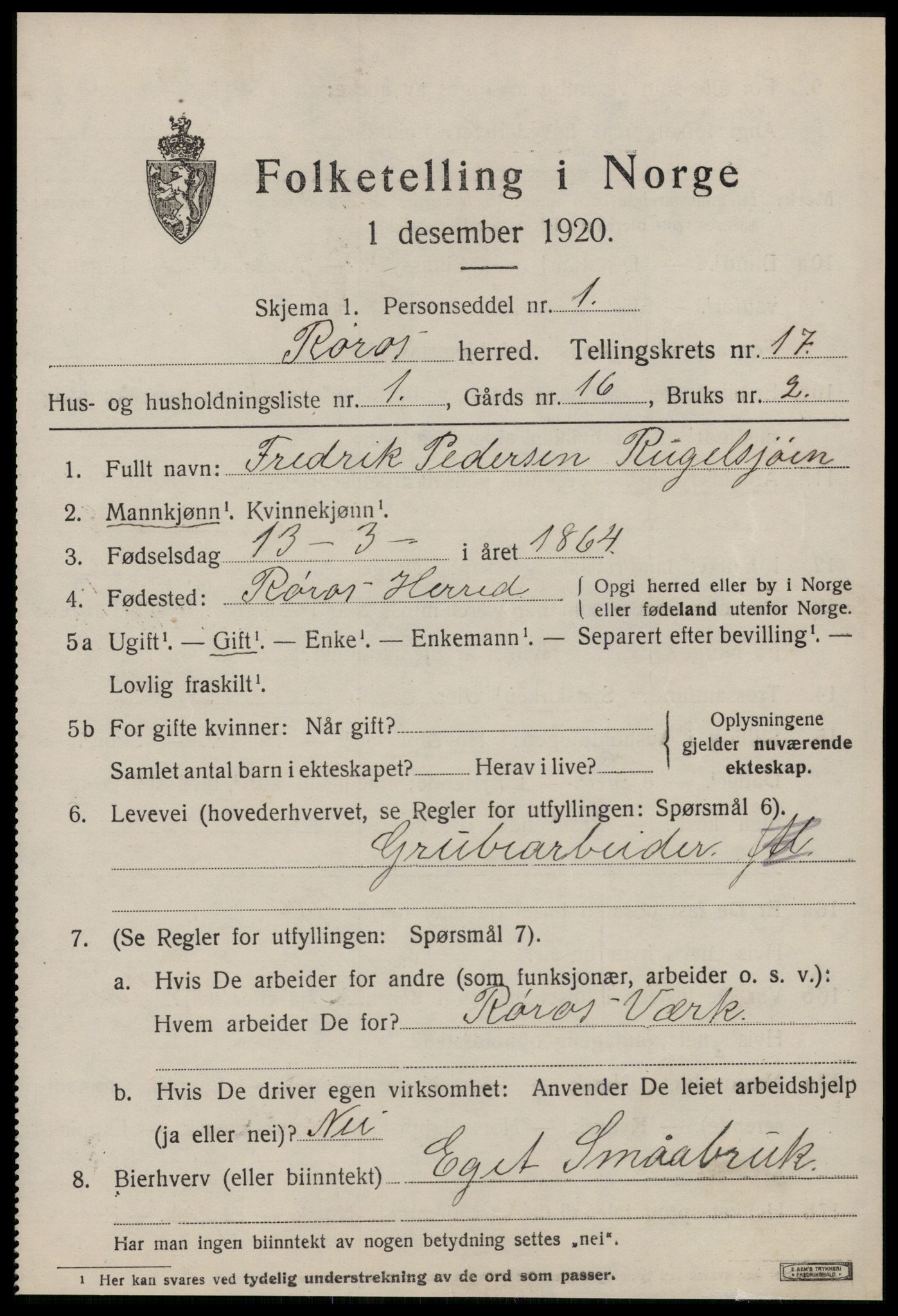 SAT, 1920 census for Røros, 1920, p. 11582