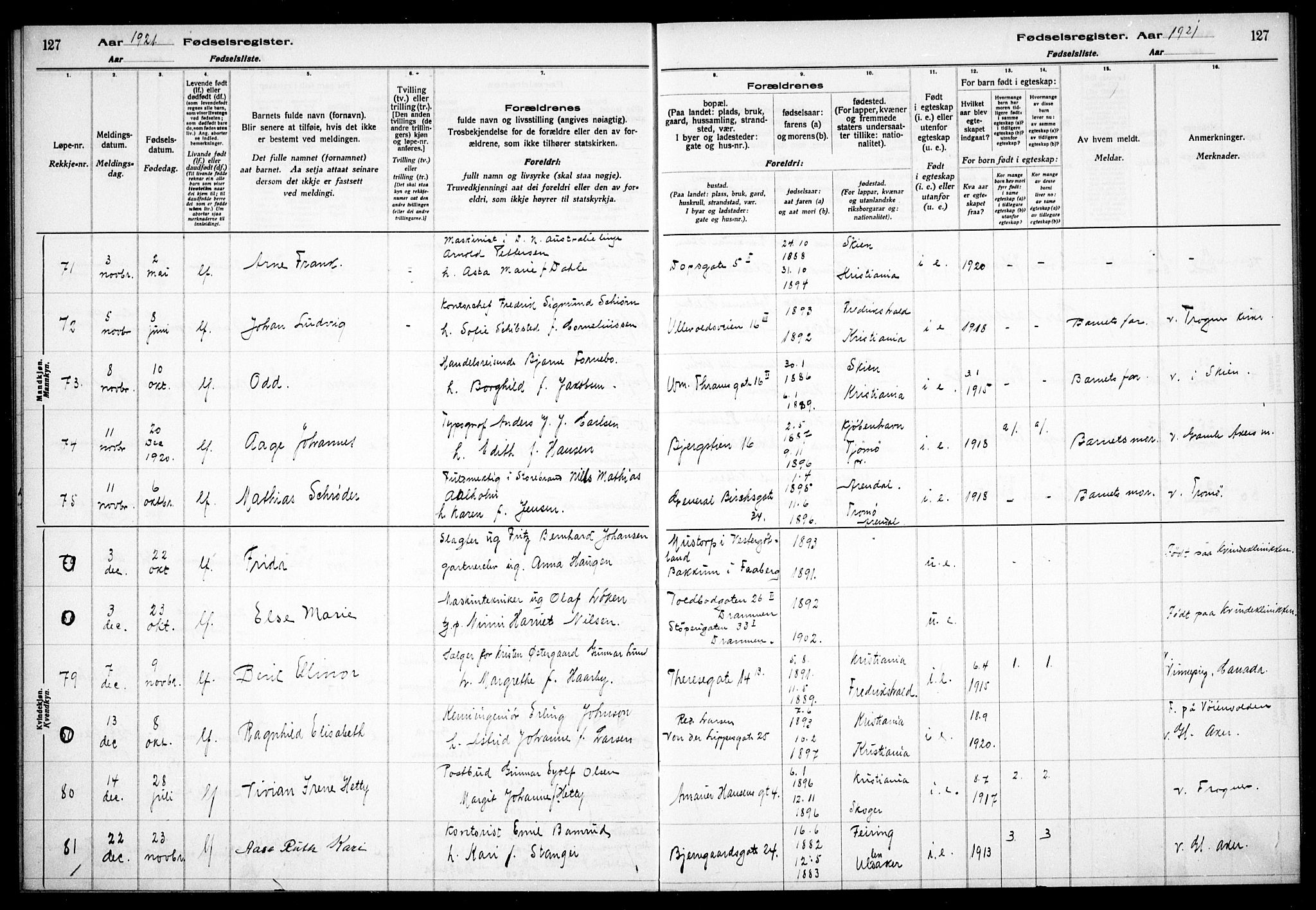 Gamle Aker prestekontor Kirkebøker, AV/SAO-A-10617a/J/L0001: Birth register no. 1, 1916-1927, p. 127