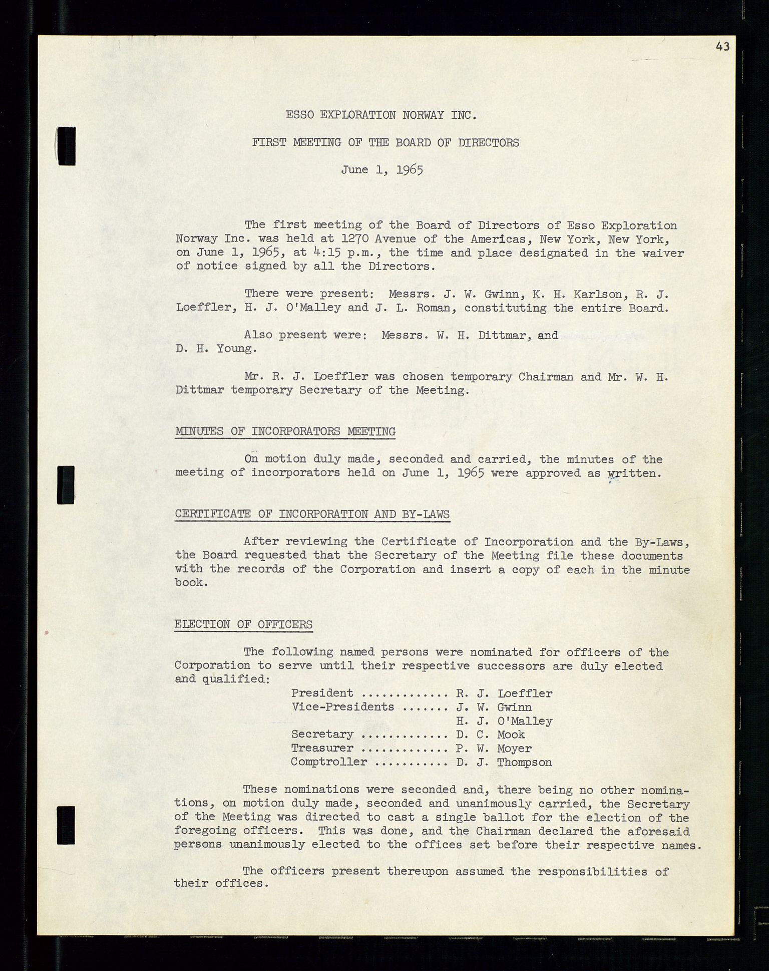 Pa 1512 - Esso Exploration and Production Norway Inc., SAST/A-101917/A/Aa/L0001/0001: Styredokumenter / Corporate records, By-Laws, Board meeting minutes, Incorporations, 1965-1975, p. 43