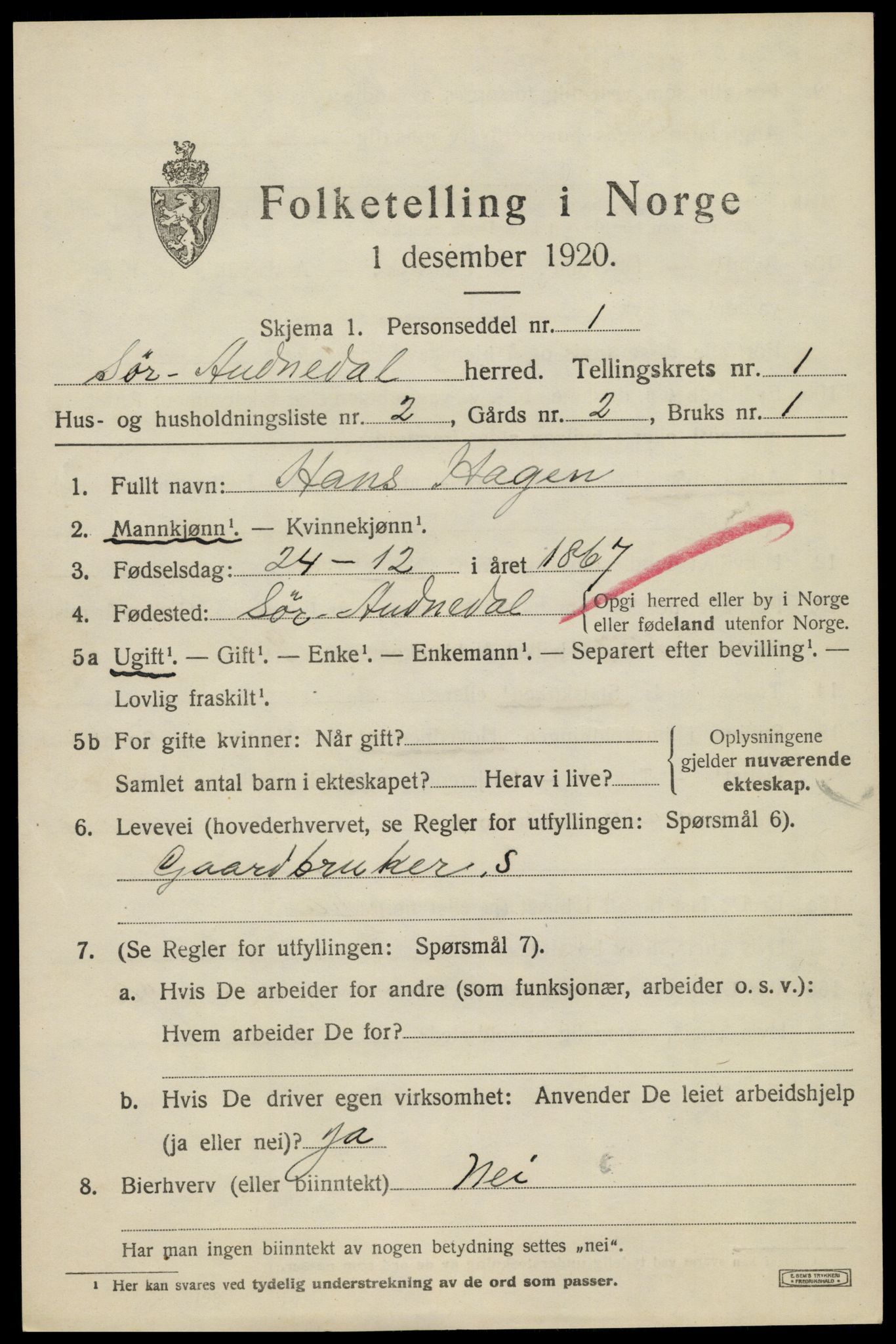 SAK, 1920 census for Sør-Audnedal, 1920, p. 1465