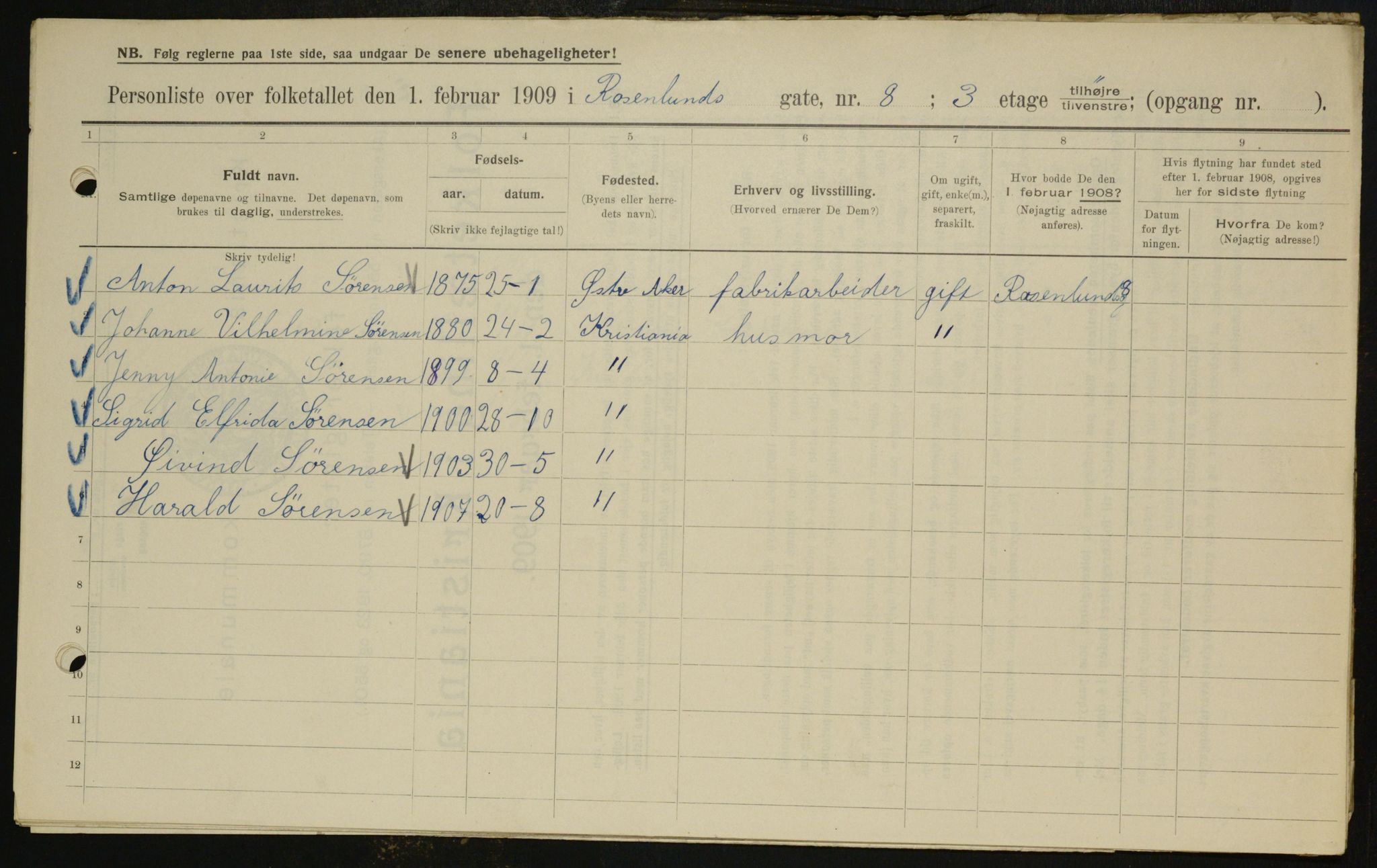 OBA, Municipal Census 1909 for Kristiania, 1909, p. 76275