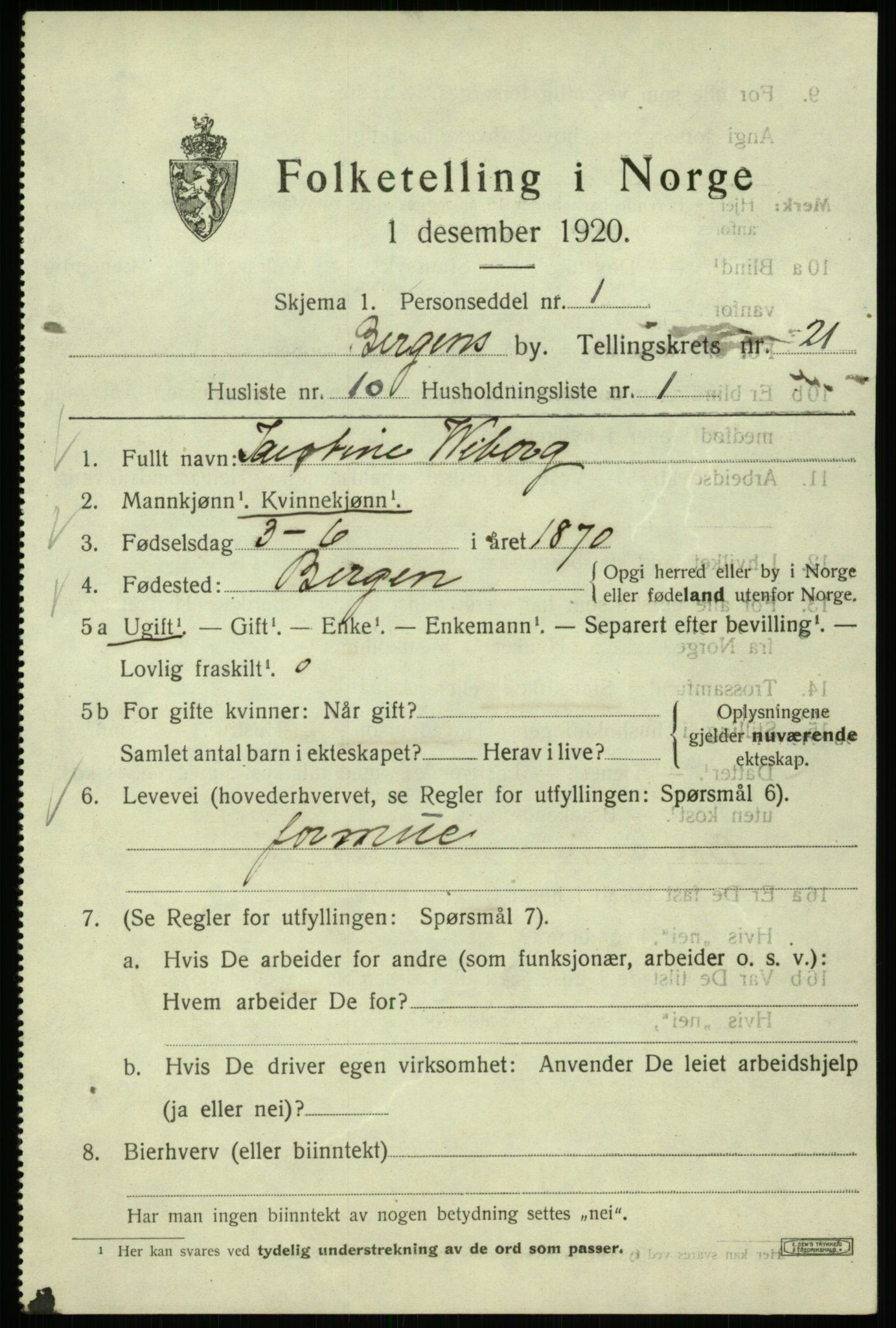 SAB, 1920 census for Bergen, 1920, p. 85055