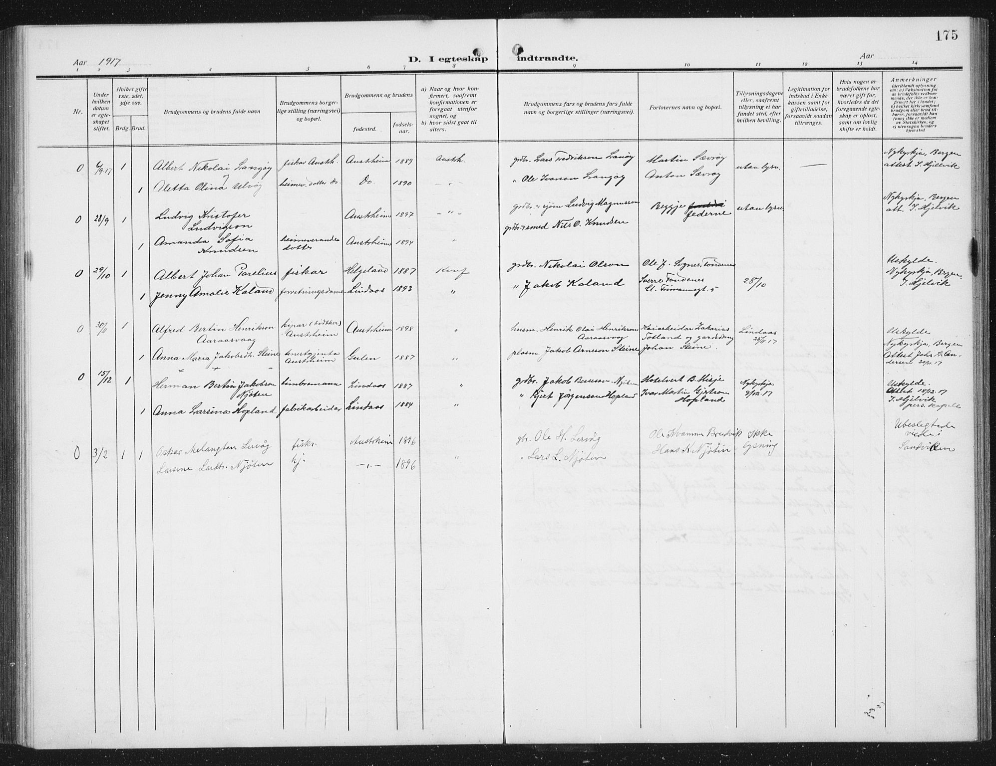 Lindås Sokneprestembete, AV/SAB-A-76701/H/Hab/Habc/L0005: Parish register (copy) no. C 5, 1910-1927, p. 175