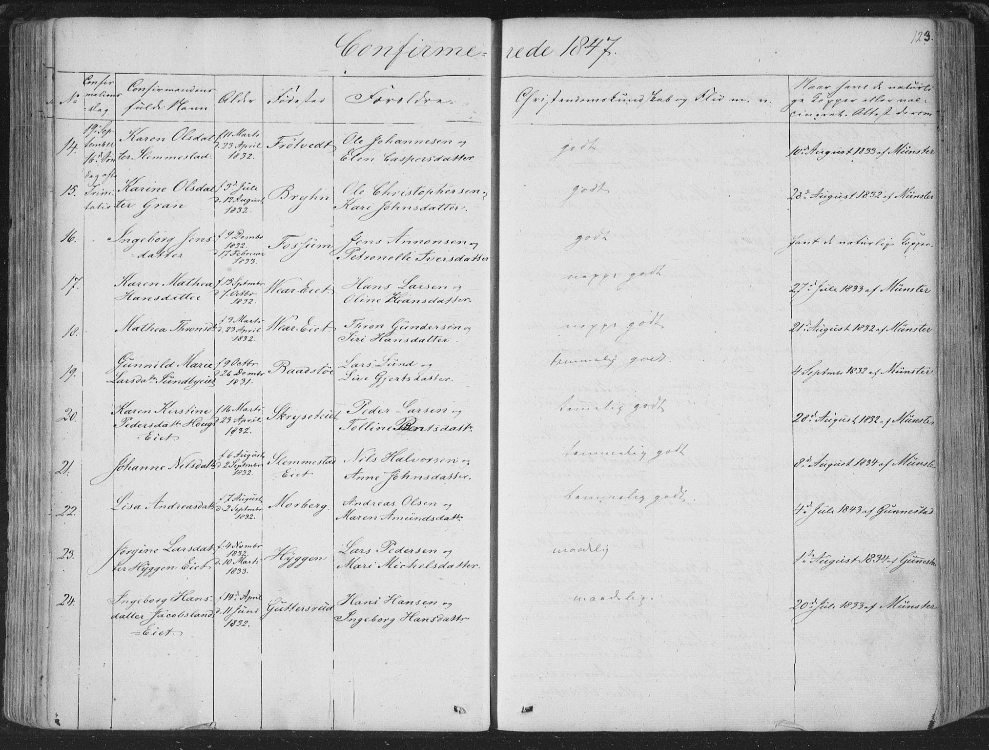 Røyken kirkebøker, AV/SAKO-A-241/F/Fa/L0005: Parish register (official) no. 5, 1833-1856, p. 123