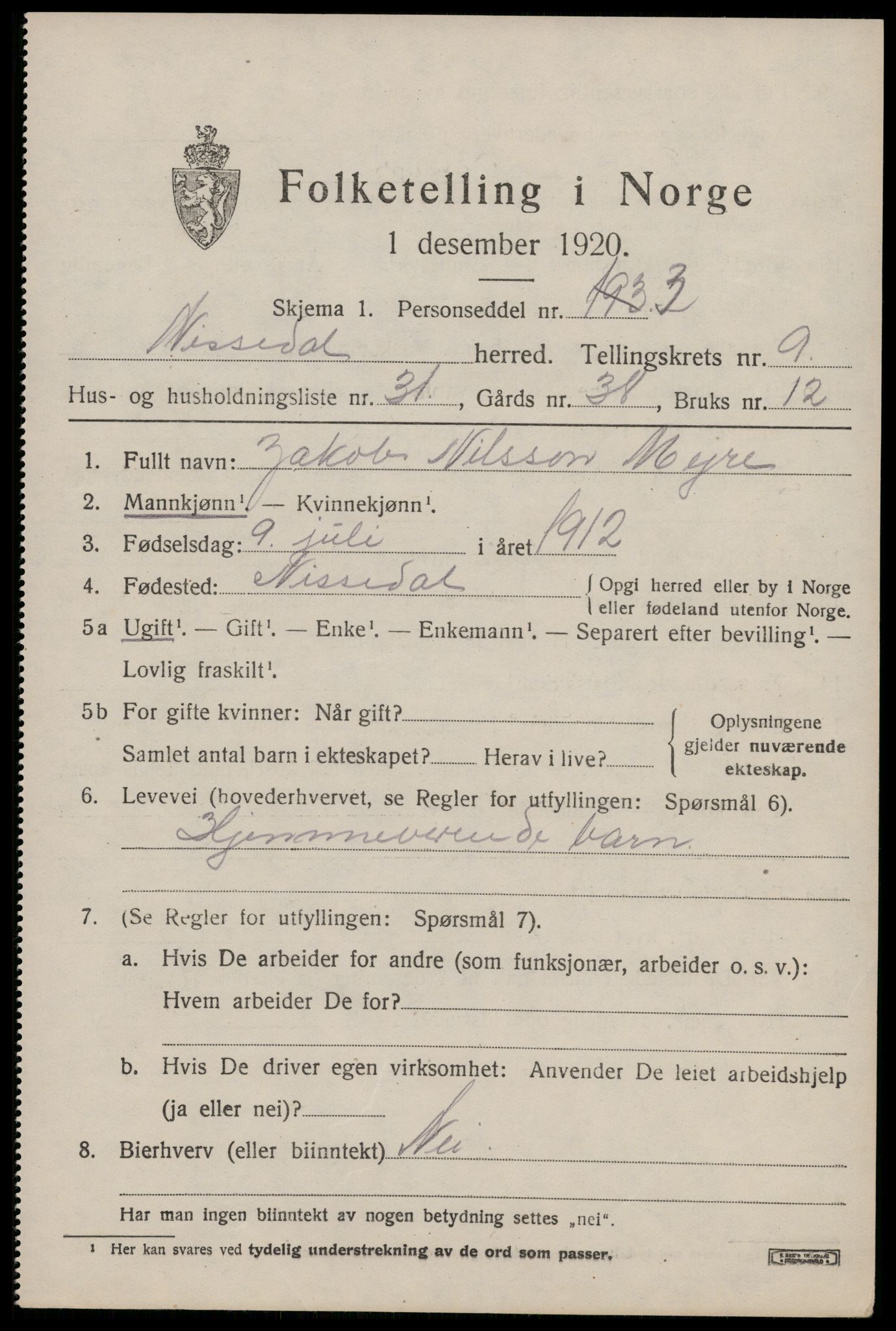 SAKO, 1920 census for Nissedal, 1920, p. 3881