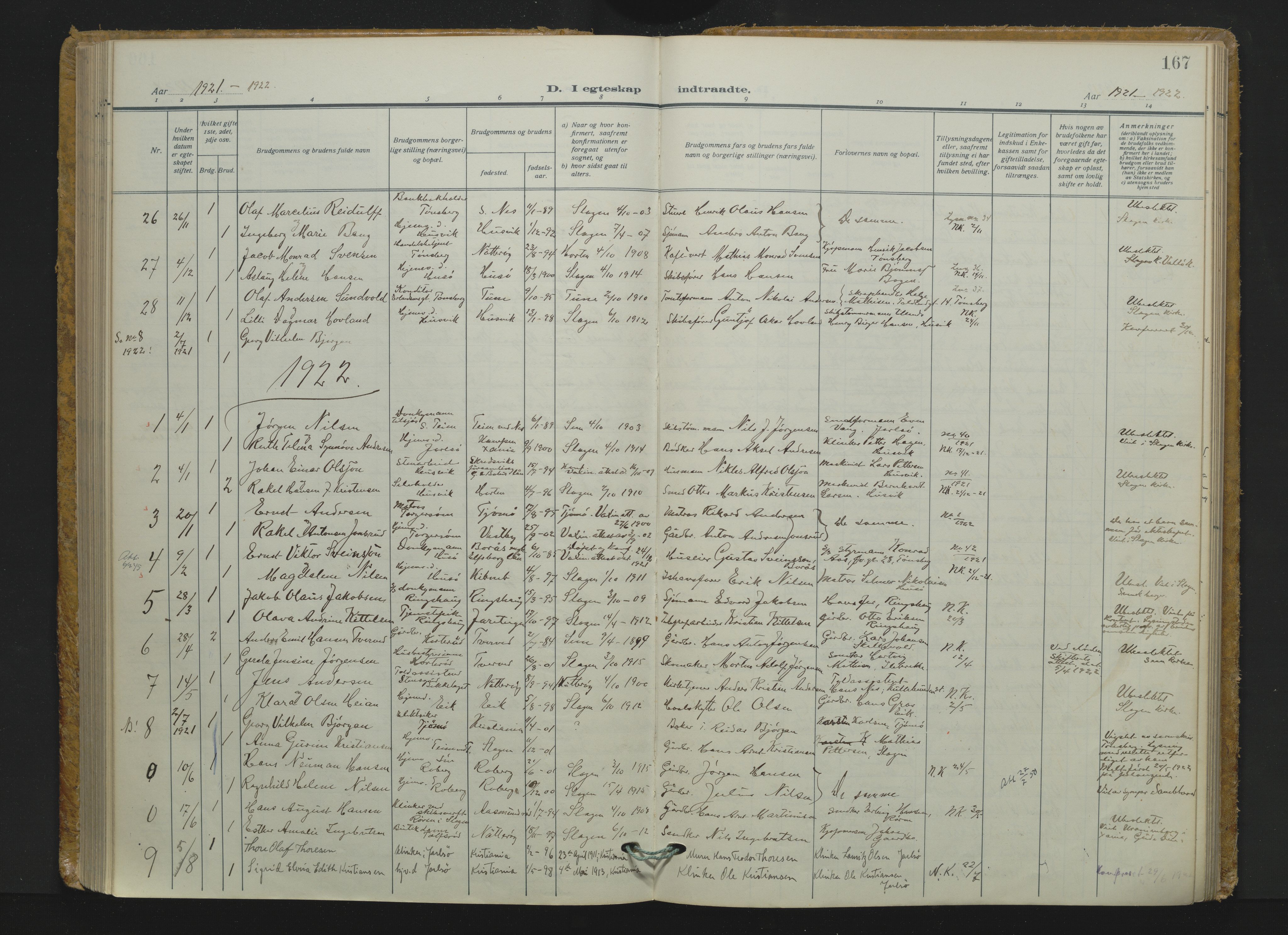 Sem kirkebøker, AV/SAKO-A-5/F/Fb/L0007: Parish register (official) no. II 7, 1918-1930, p. 167