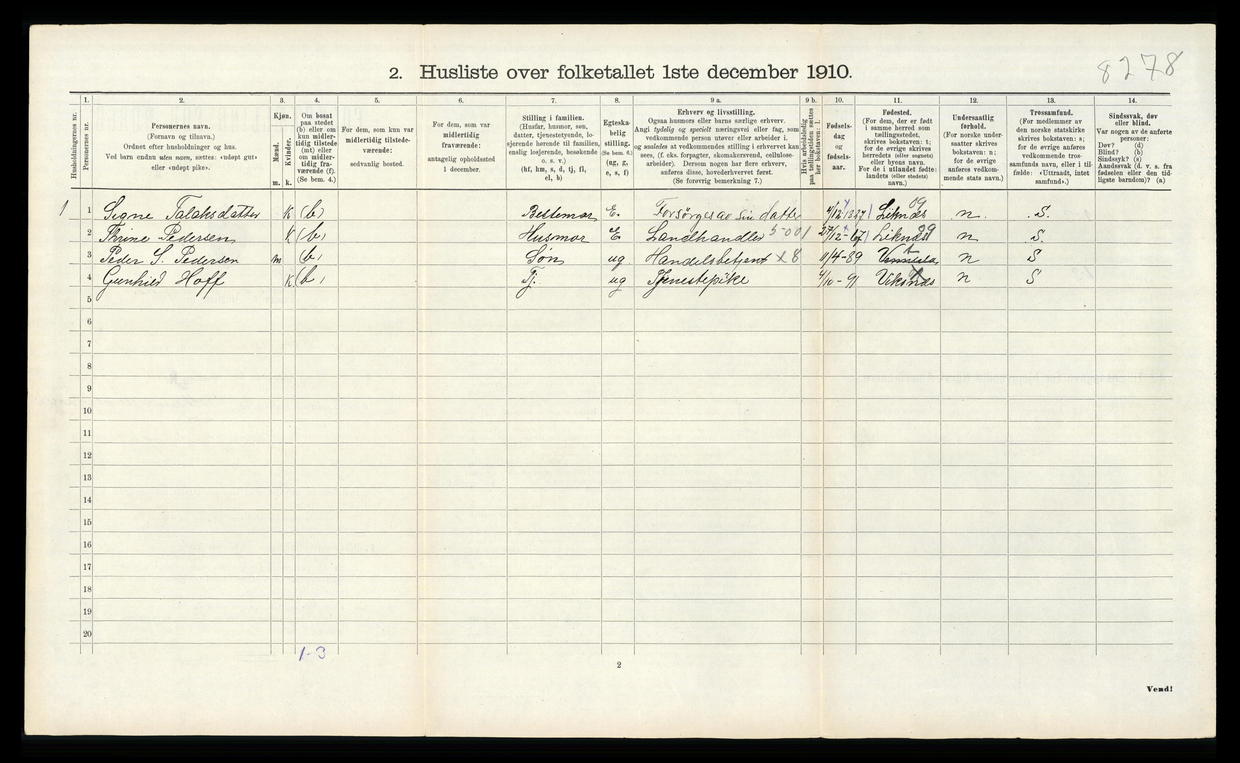RA, 1910 census for Vennesla, 1910, p. 401