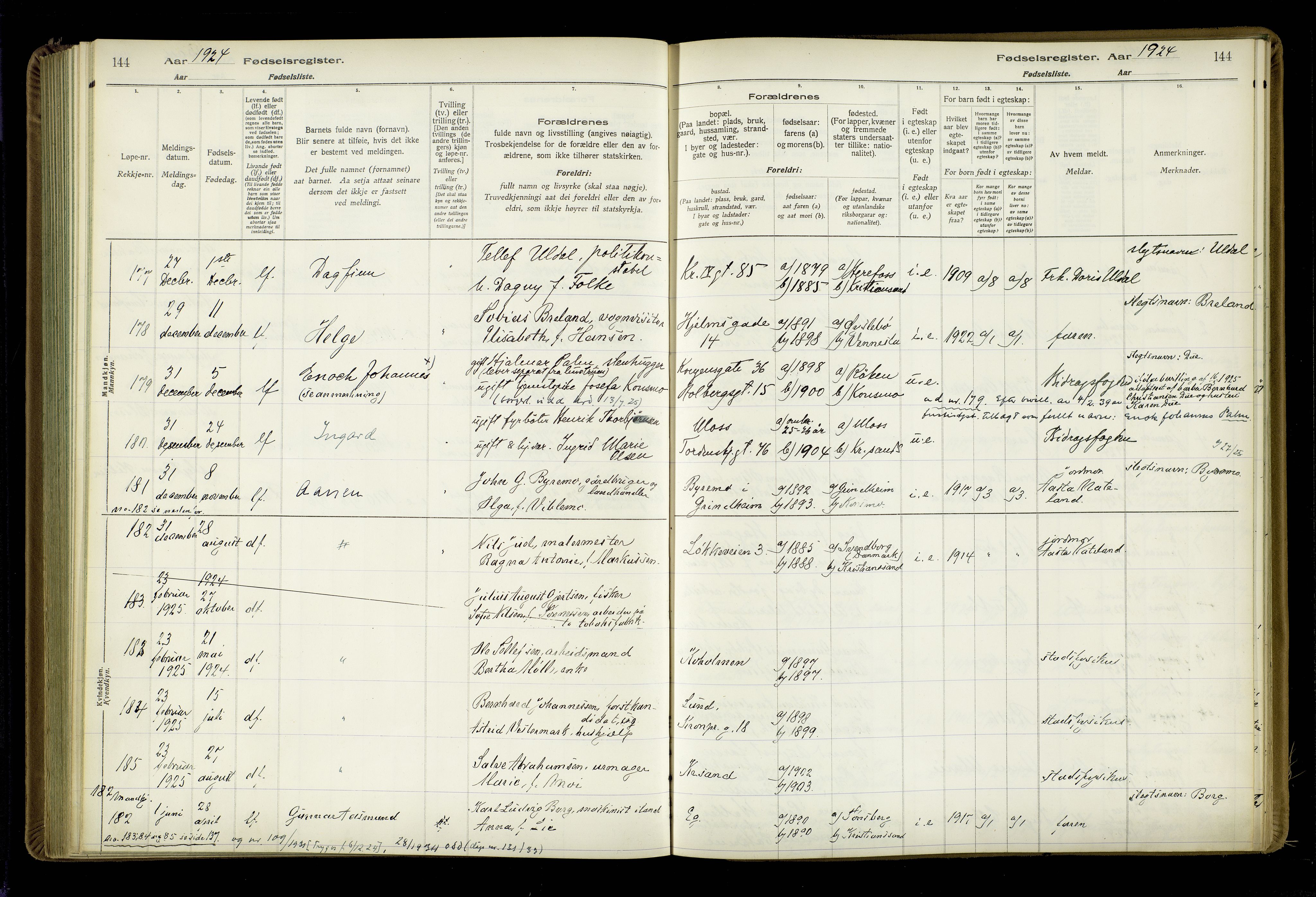 Kristiansand domprosti, AV/SAK-1112-0006/J/Jc/L0002: Birth register no. A-VI-46, 1921-1926, p. 144