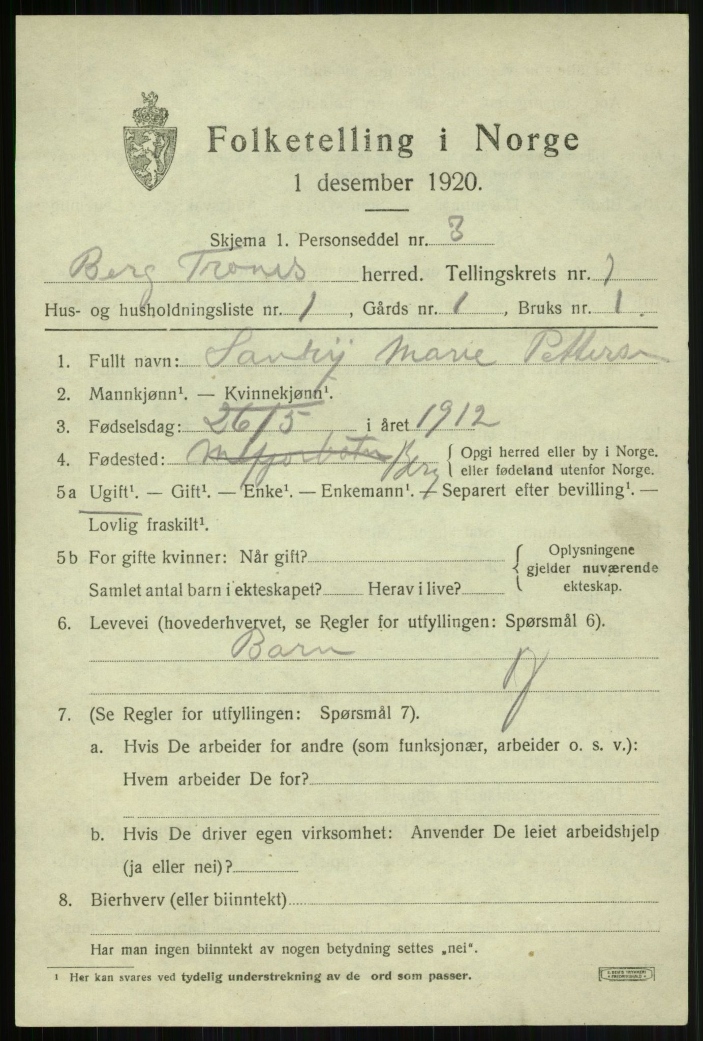 SATØ, 1920 census for Berg, 1920, p. 468