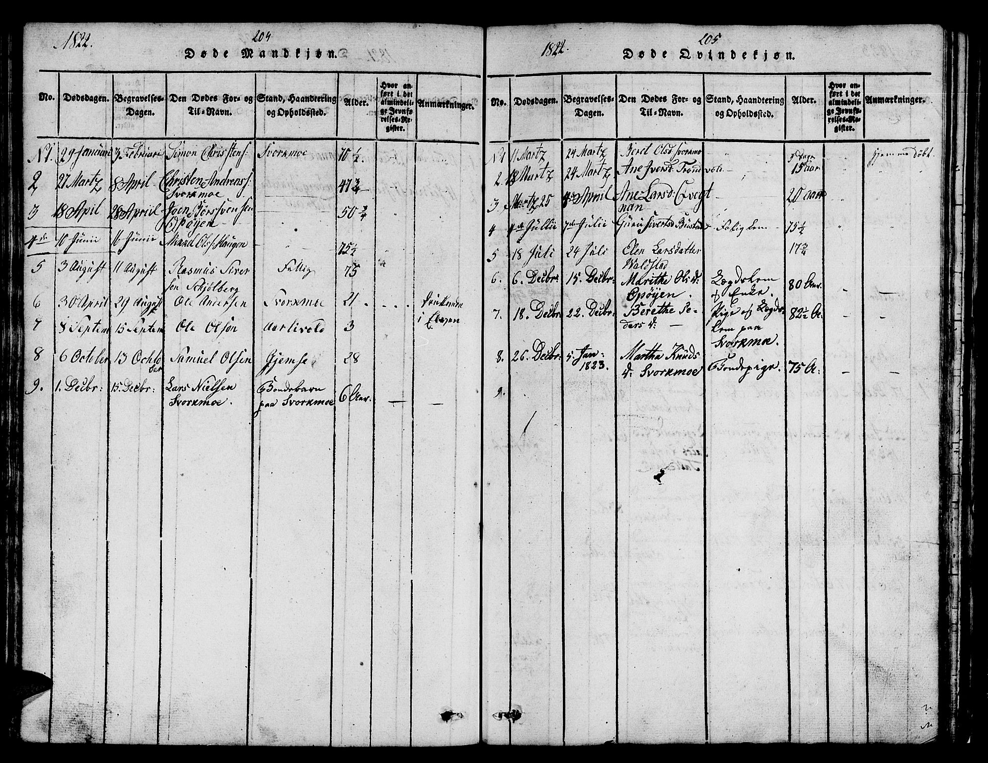 Ministerialprotokoller, klokkerbøker og fødselsregistre - Sør-Trøndelag, SAT/A-1456/671/L0842: Parish register (copy) no. 671C01, 1816-1867, p. 204-205