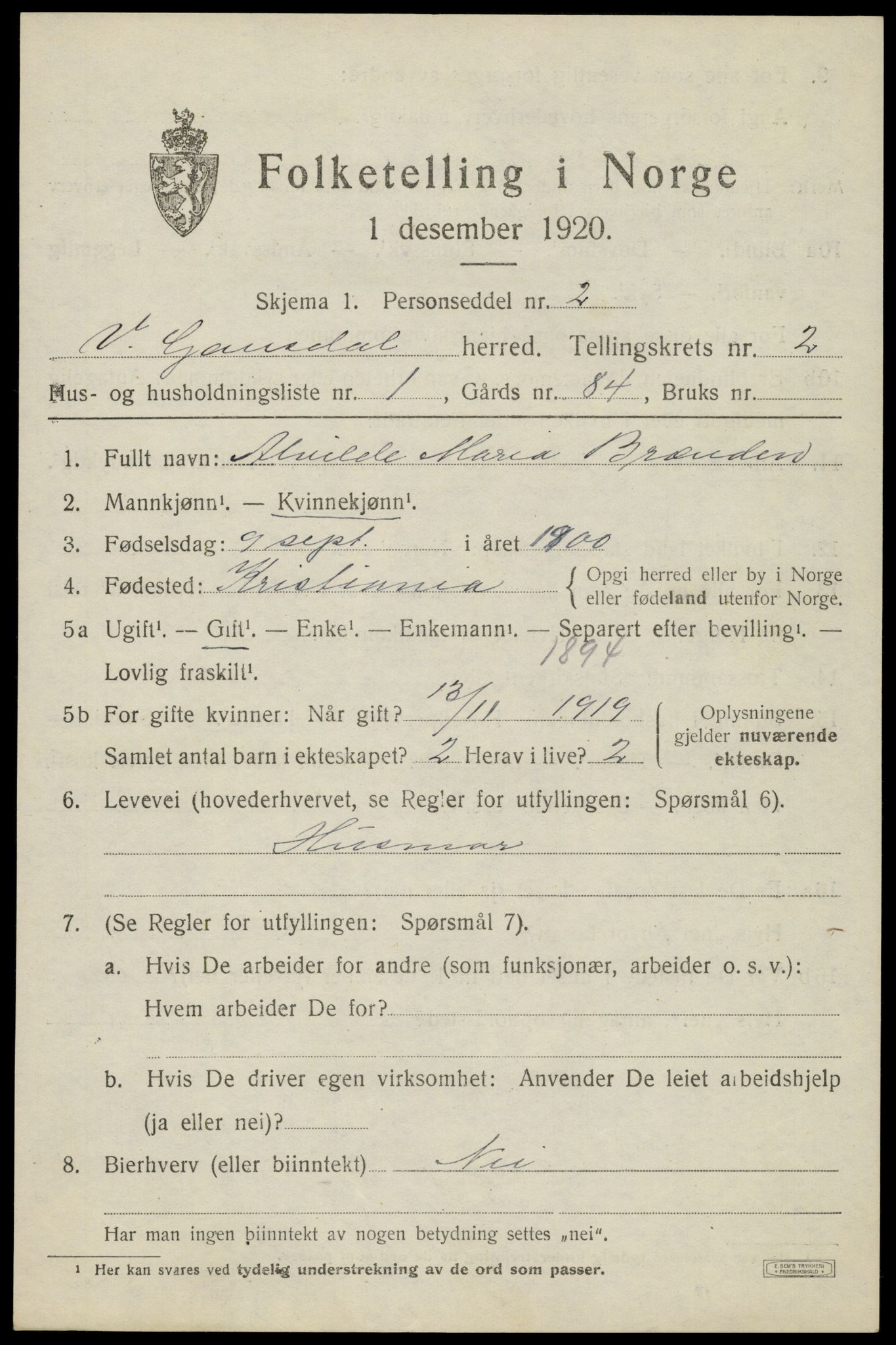 SAH, 1920 census for Vestre Gausdal, 1920, p. 1741