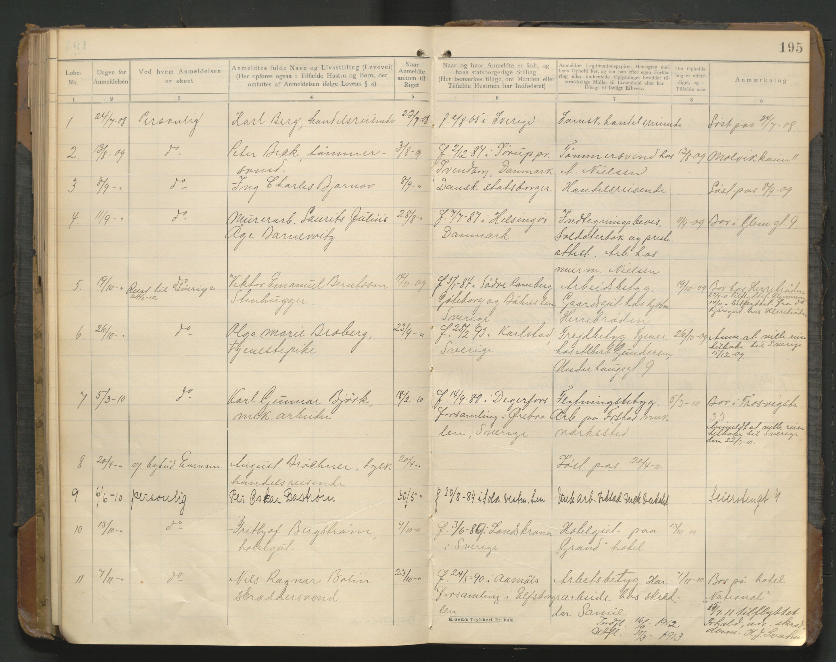 Fredrikstad politikammer, AV/SAO-A-10055/H/Hb/Hba/L0001: Protokoll over fremmede statsborgere, 1901-1916, p. 194b-195a