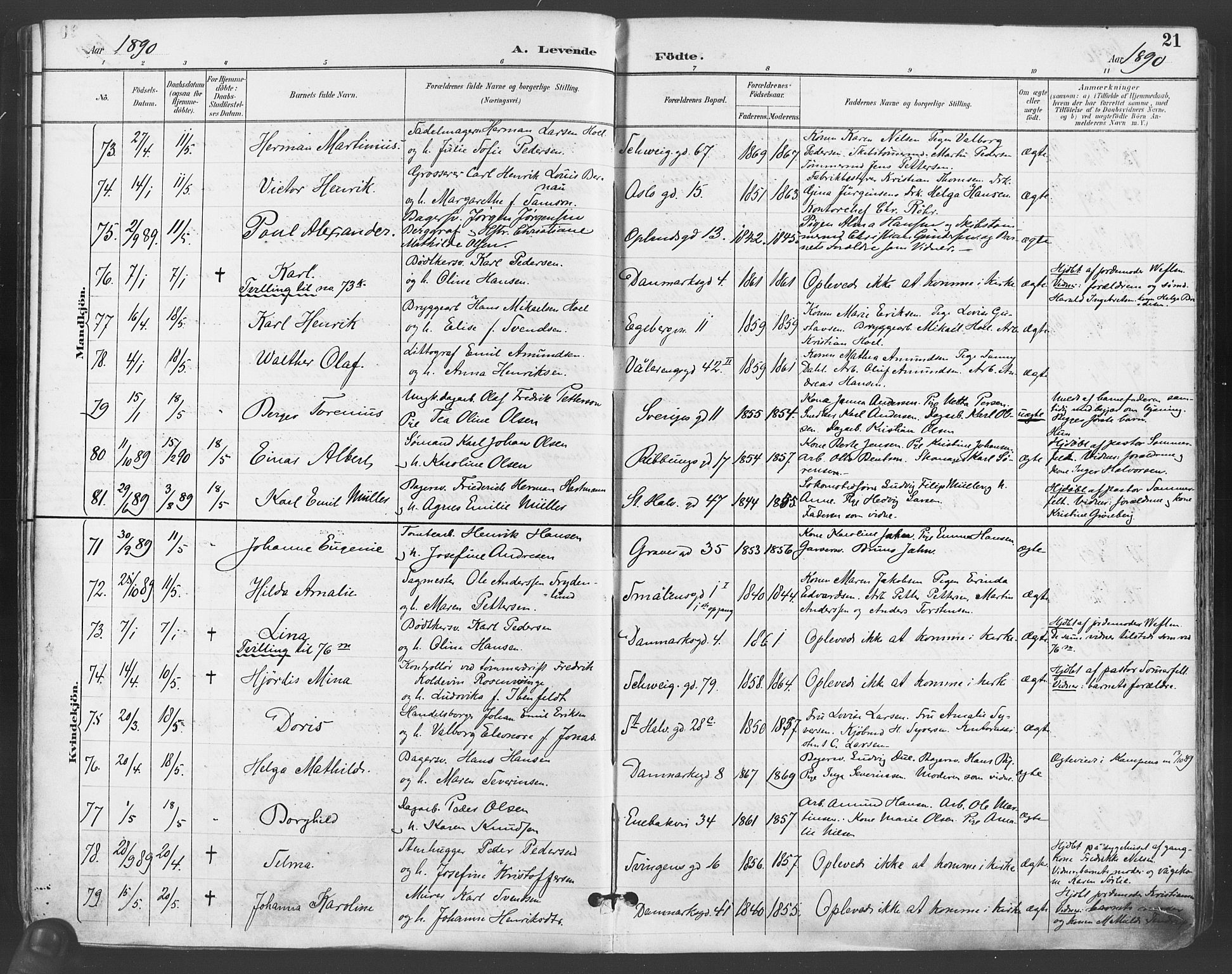 Gamlebyen prestekontor Kirkebøker, SAO/A-10884/F/Fa/L0007: Parish register (official) no. 7, 1889-1899, p. 21