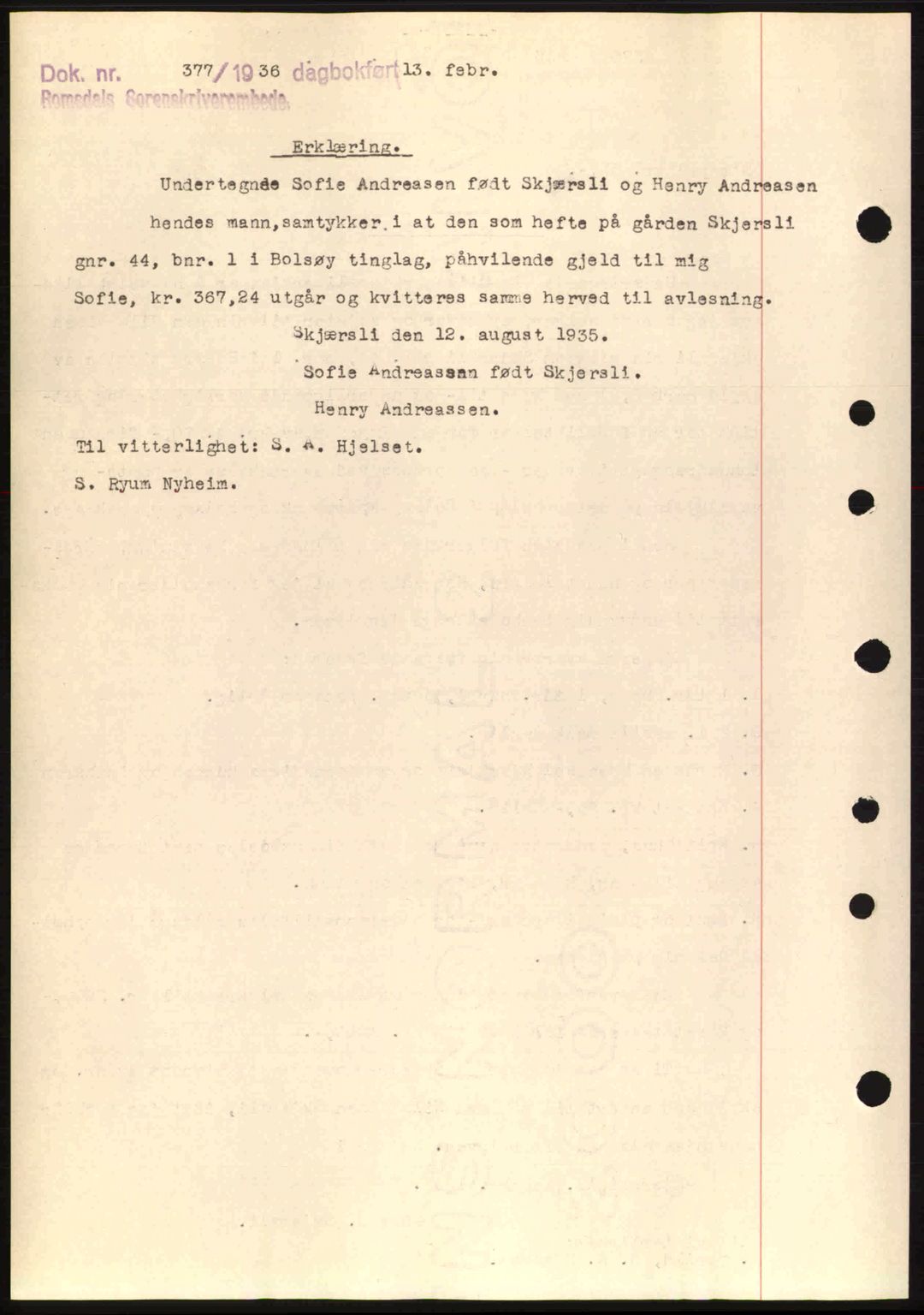 Romsdal sorenskriveri, AV/SAT-A-4149/1/2/2C: Mortgage book no. A1, 1936-1936, Diary no: : 376/1936