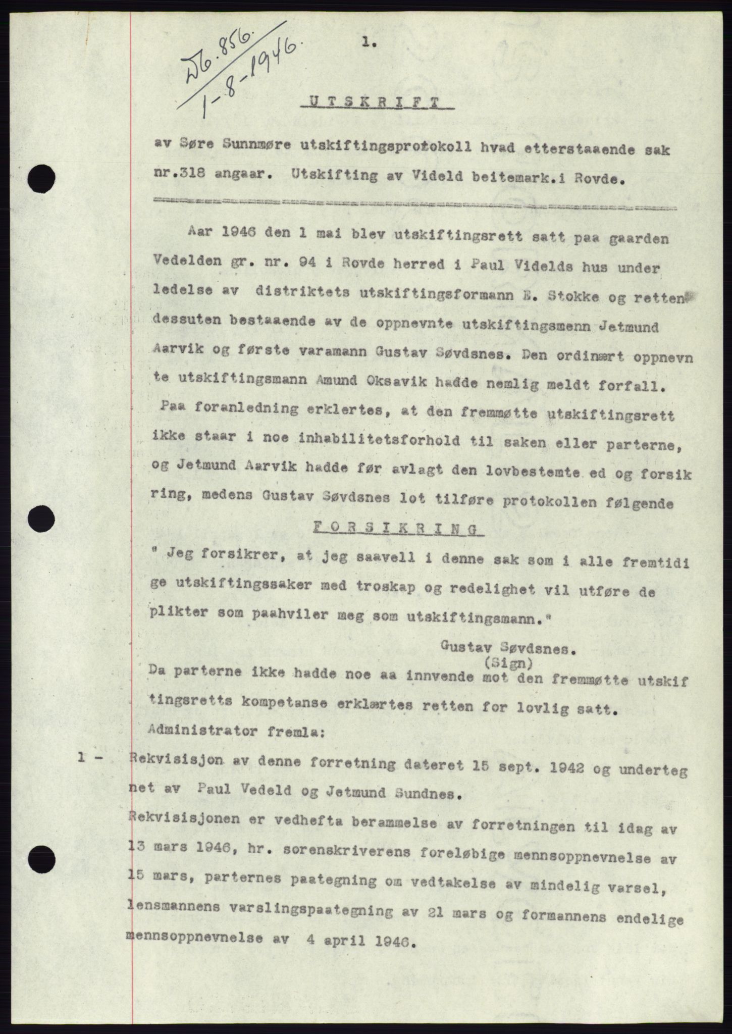 Søre Sunnmøre sorenskriveri, AV/SAT-A-4122/1/2/2C/L0078: Mortgage book no. 4A, 1946-1946, Diary no: : 856/1946